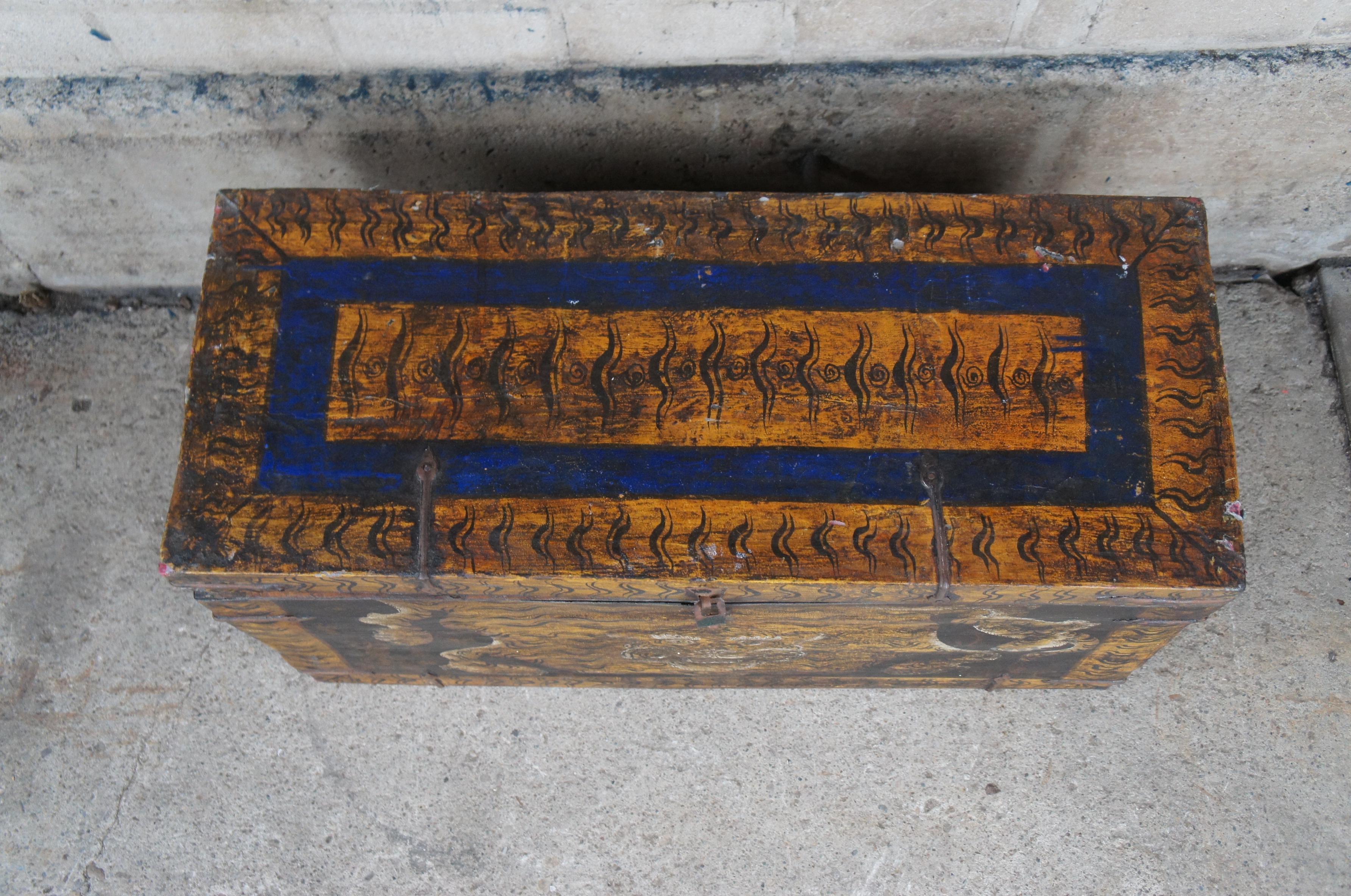 20th Century Rare Antique Hand Painted Tibetan Lacquered Tiger Trunk Storage Blanket Chest