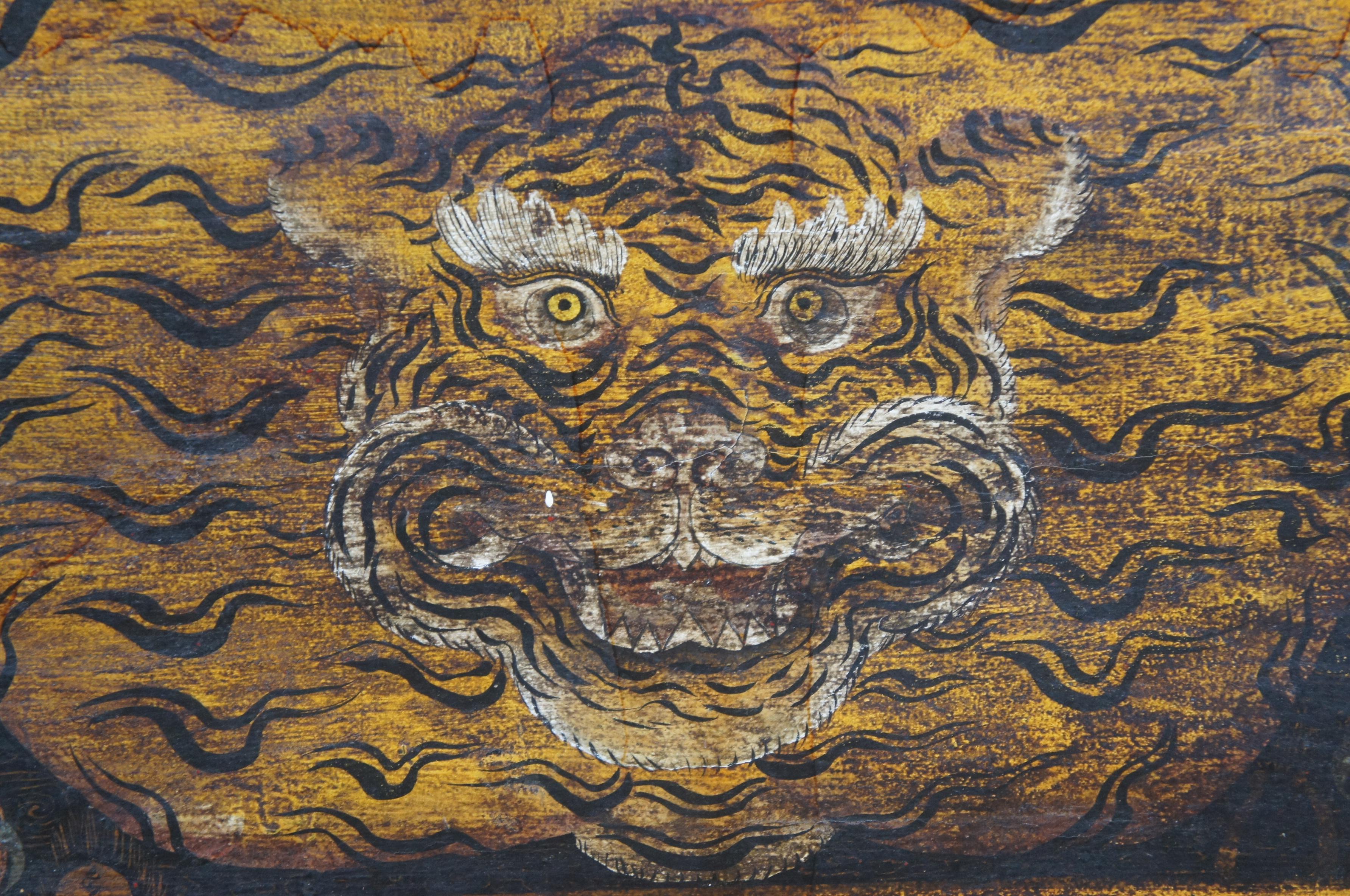 Leather Rare Antique Hand Painted Tibetan Lacquered Tiger Trunk Storage Blanket Chest