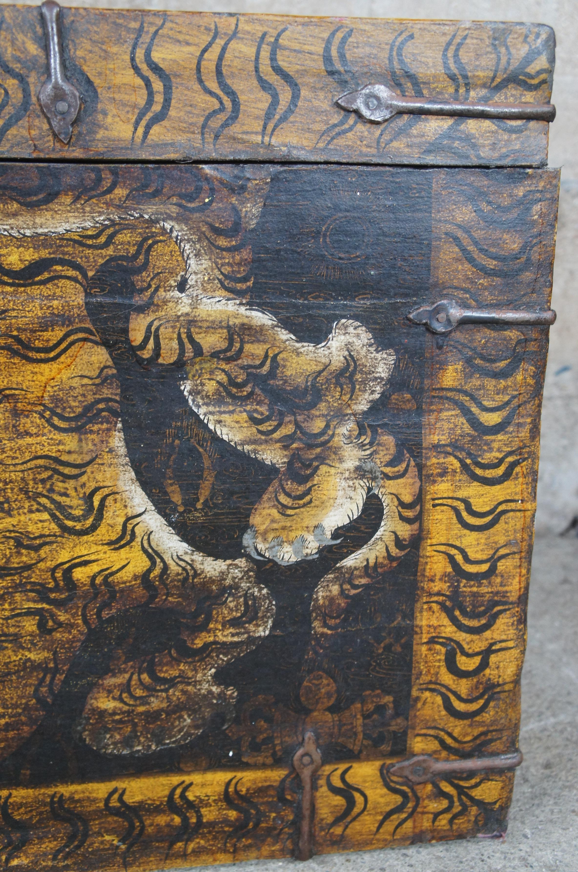 Rare Antique Hand Painted Tibetan Lacquered Tiger Trunk Storage Blanket Chest 2