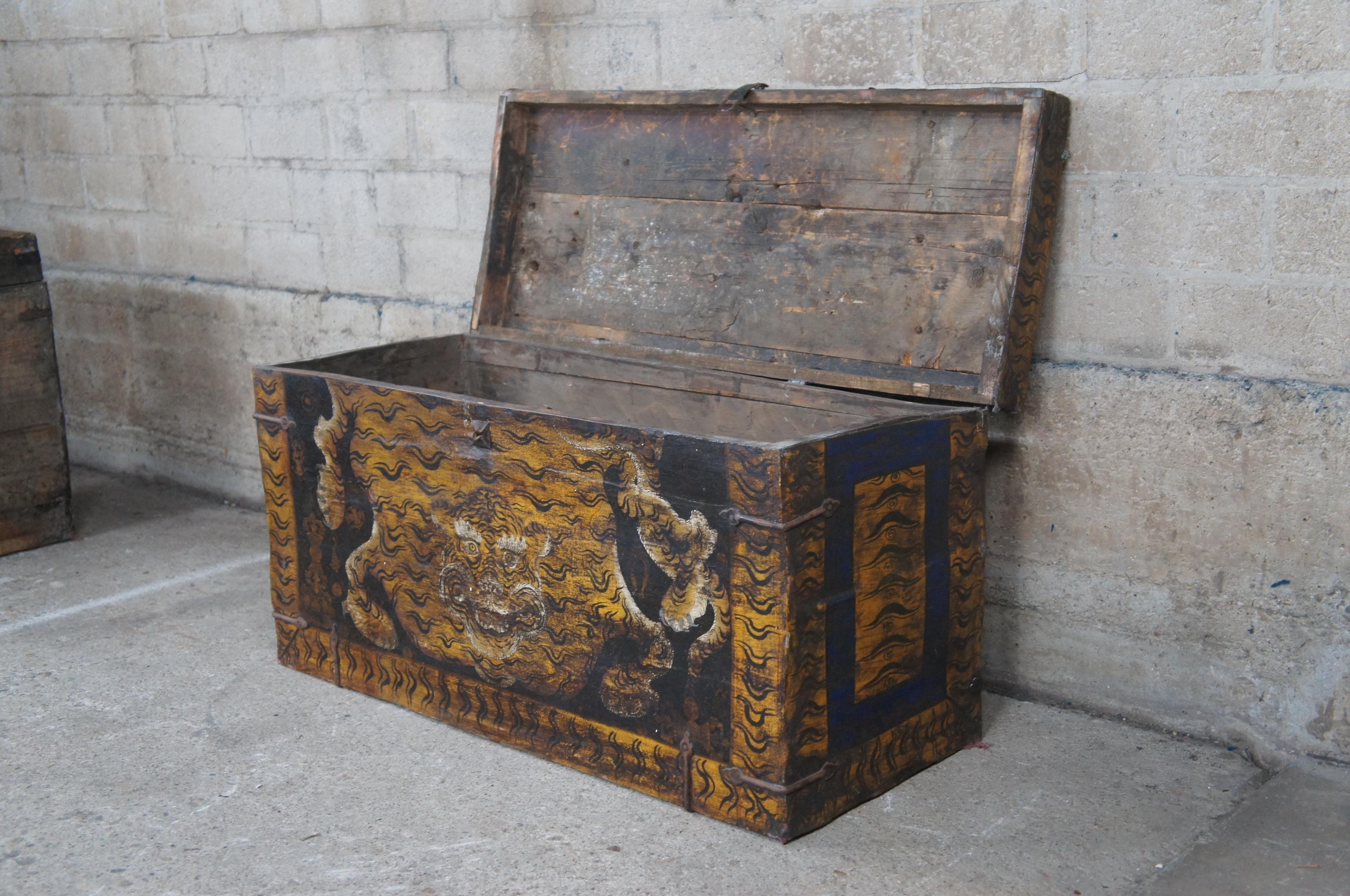 Rare Antique Hand Painted Tibetan Lacquered Tiger Trunk Storage Blanket Chest 4