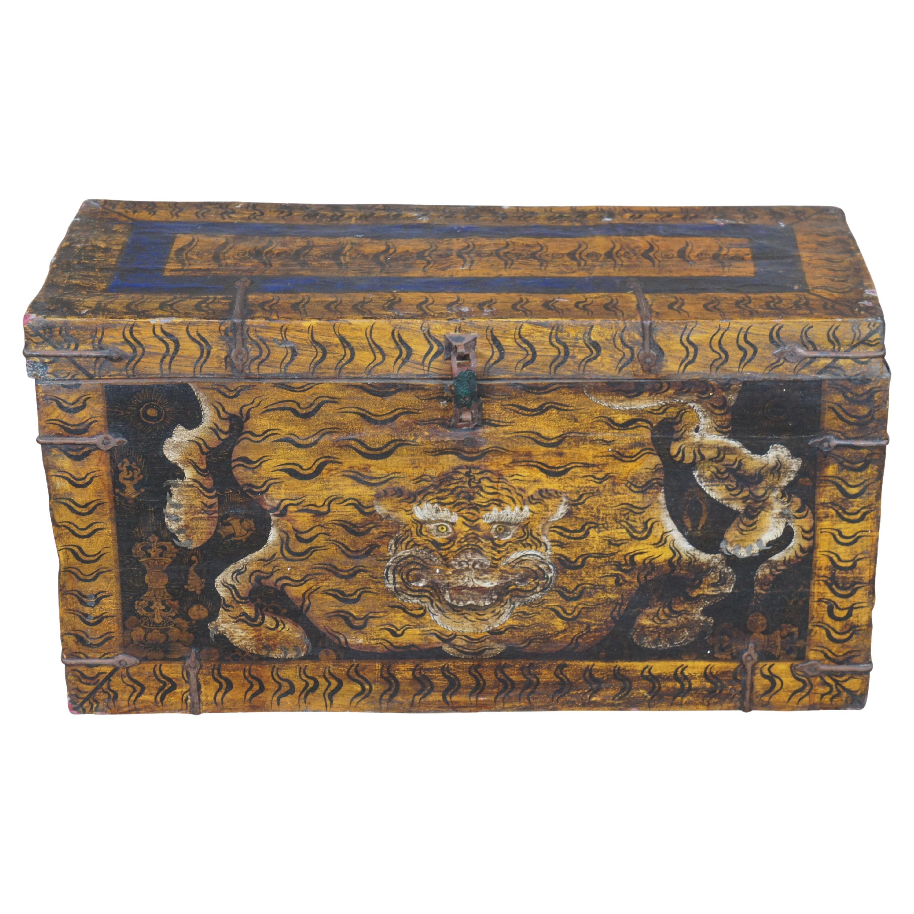 Rare Antique Hand Painted Tibetan Lacquered Tiger Trunk Storage Blanket Chest
