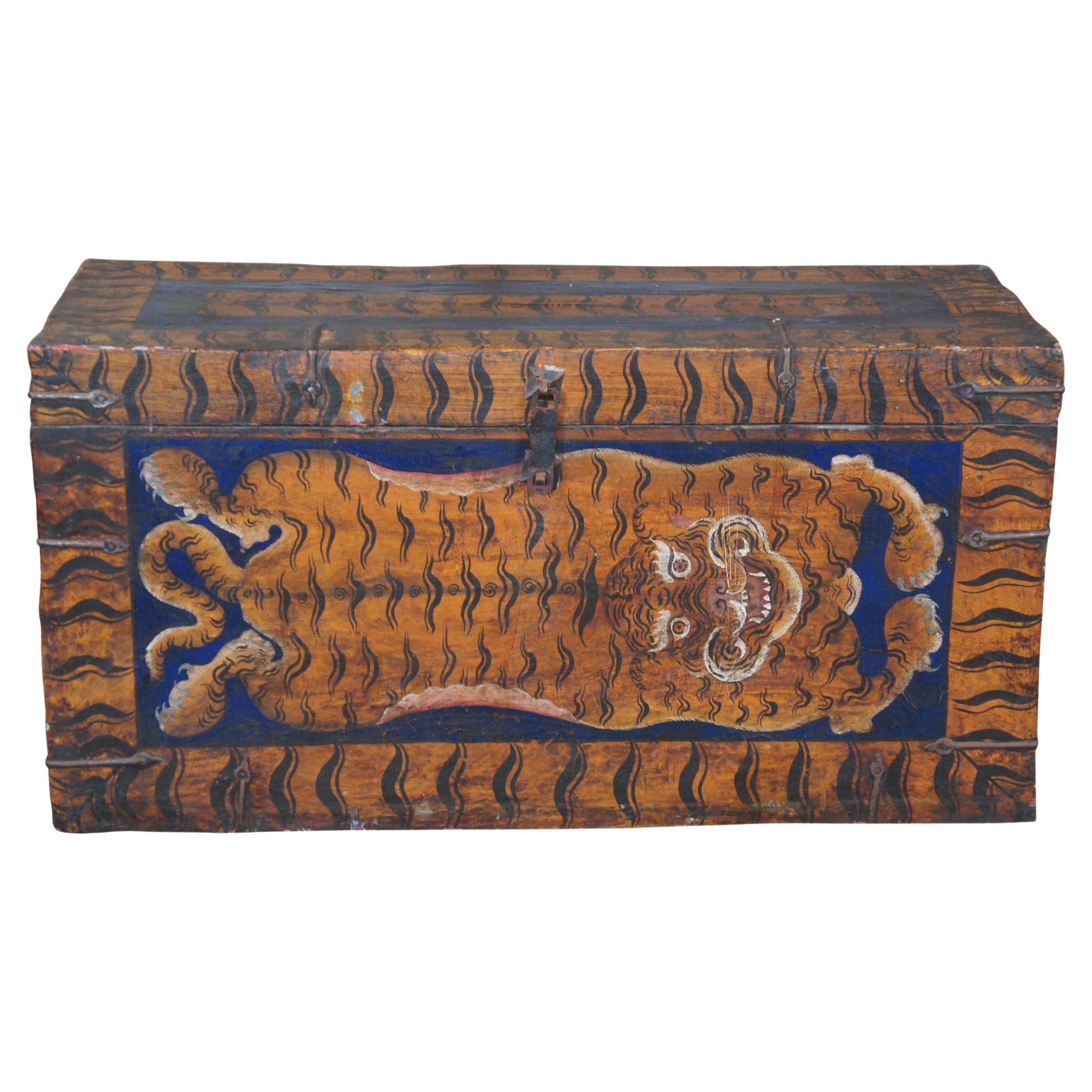 Rare Antique Hand Painted Tibetan Lacquered Tiger Trunk Storage Blanket Chest