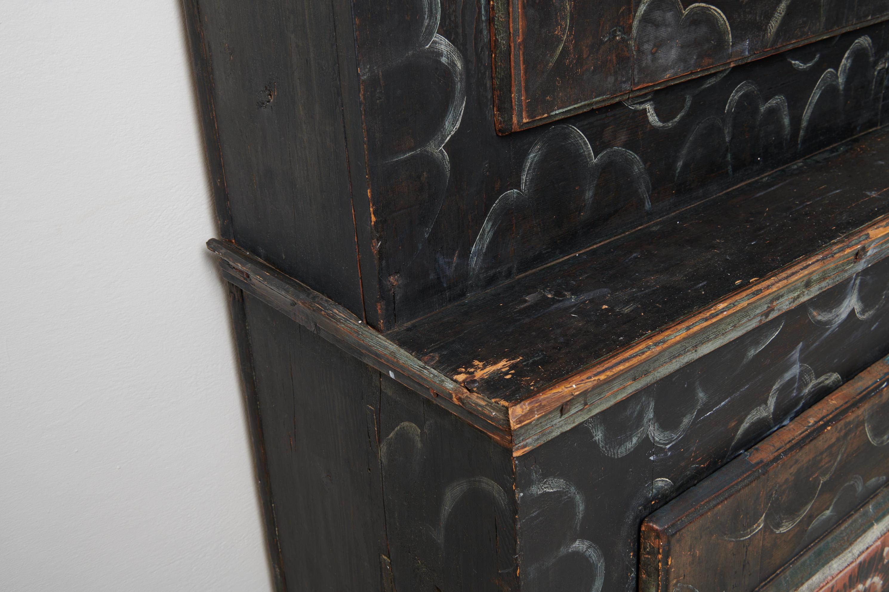 Rare Antique Handcrafted Swedish Tall Black Painted Pine Folk Art Cabinet For Sale 9