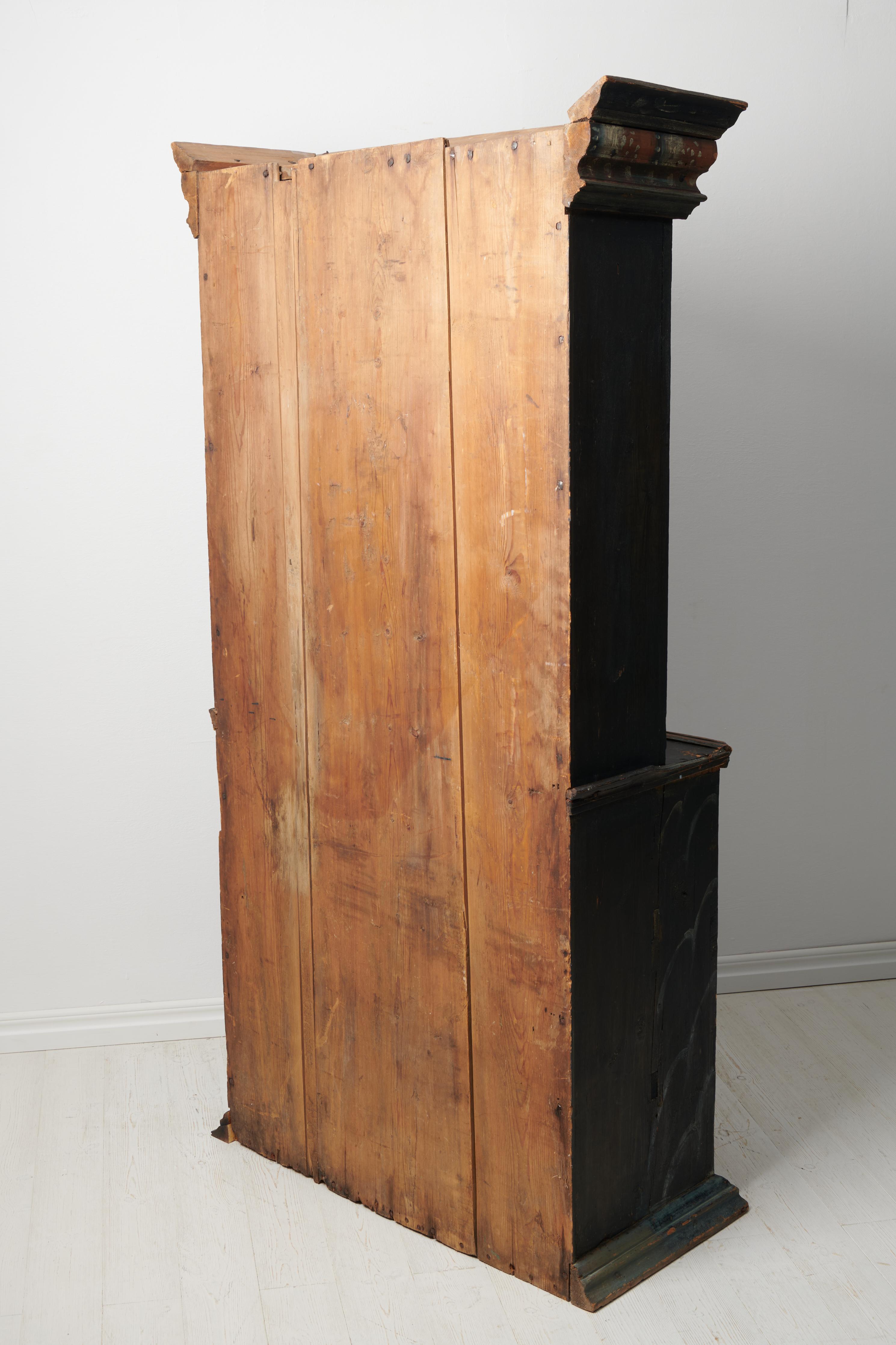Rare Antique Handcrafted Swedish Tall Black Painted Pine Folk Art Cabinet For Sale 15