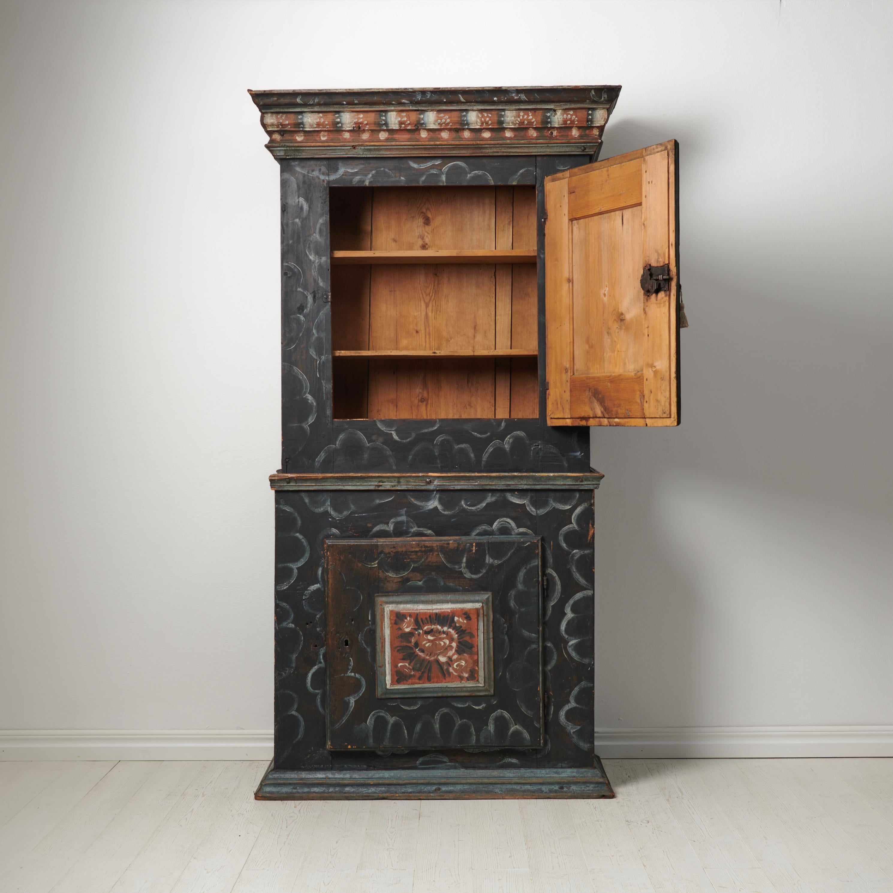 Hand-Crafted Rare Antique Handcrafted Swedish Tall Black Painted Pine Folk Art Cabinet For Sale