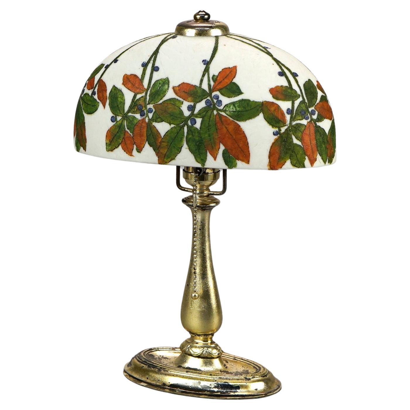 Rare Antique Handel Oval Leaf & Berry Shade Boudoir Lamp, Signed, c1920