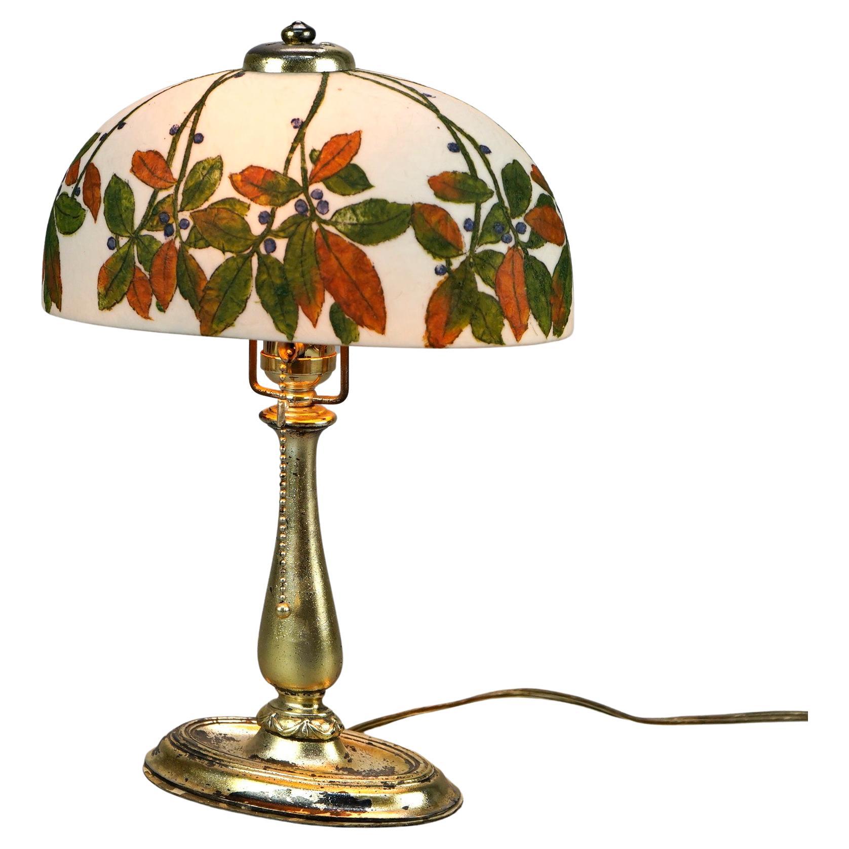 American Rare Antique Handel Oval Leaf & Berry Shade Boudoir Lamp, Signed, c1920