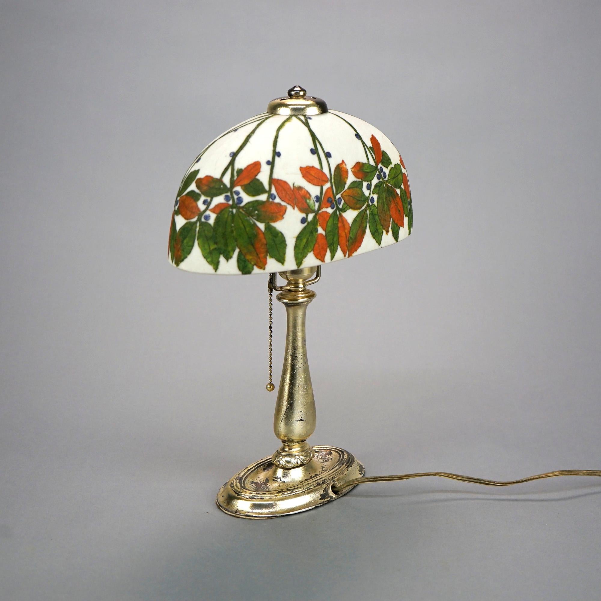 Cast Rare Antique Handel Oval Leaf & Berry Shade Boudoir Lamp, Signed, c1920