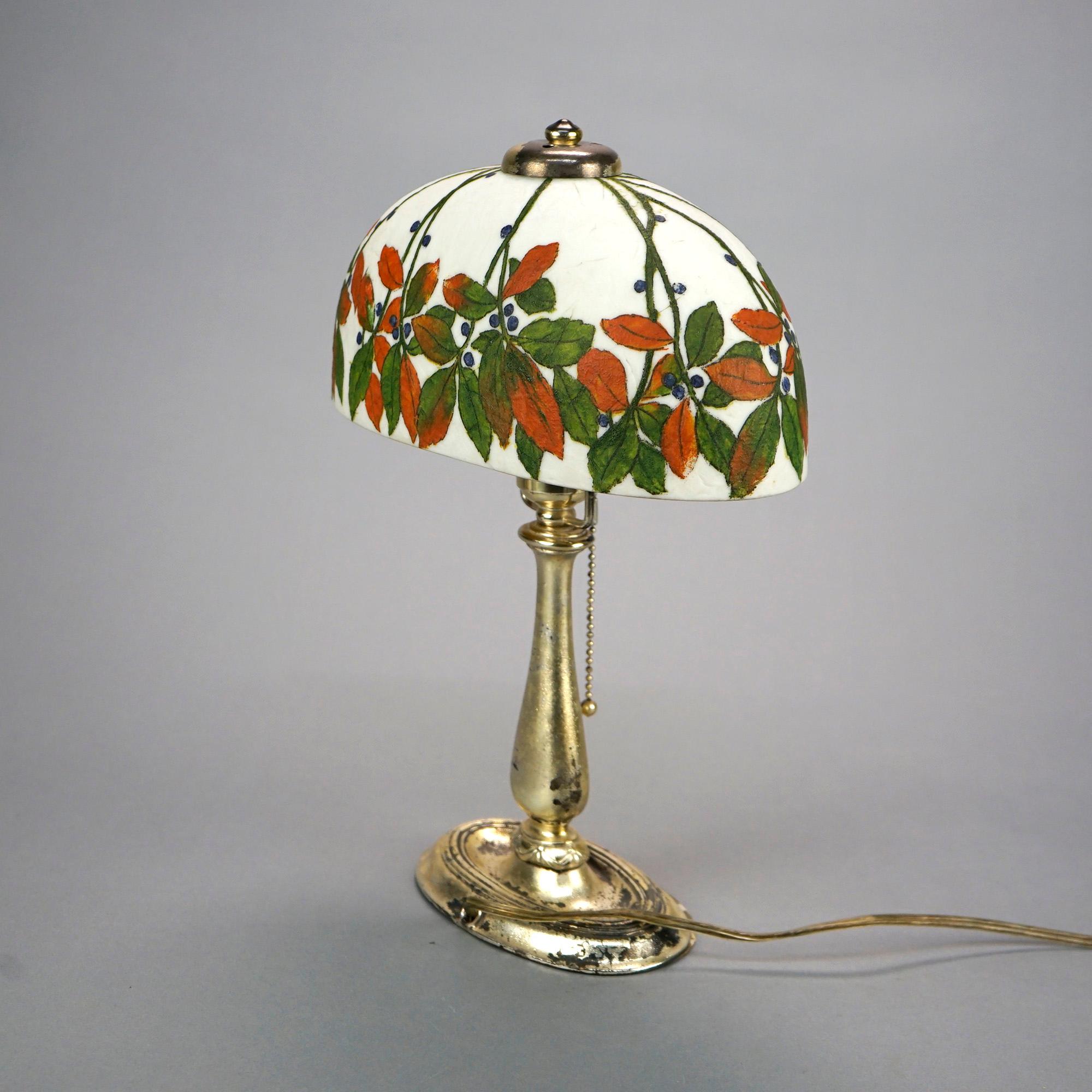 Rare Antique Handel Oval Leaf & Berry Shade Boudoir Lamp, Signed, c1920 In Good Condition In Big Flats, NY