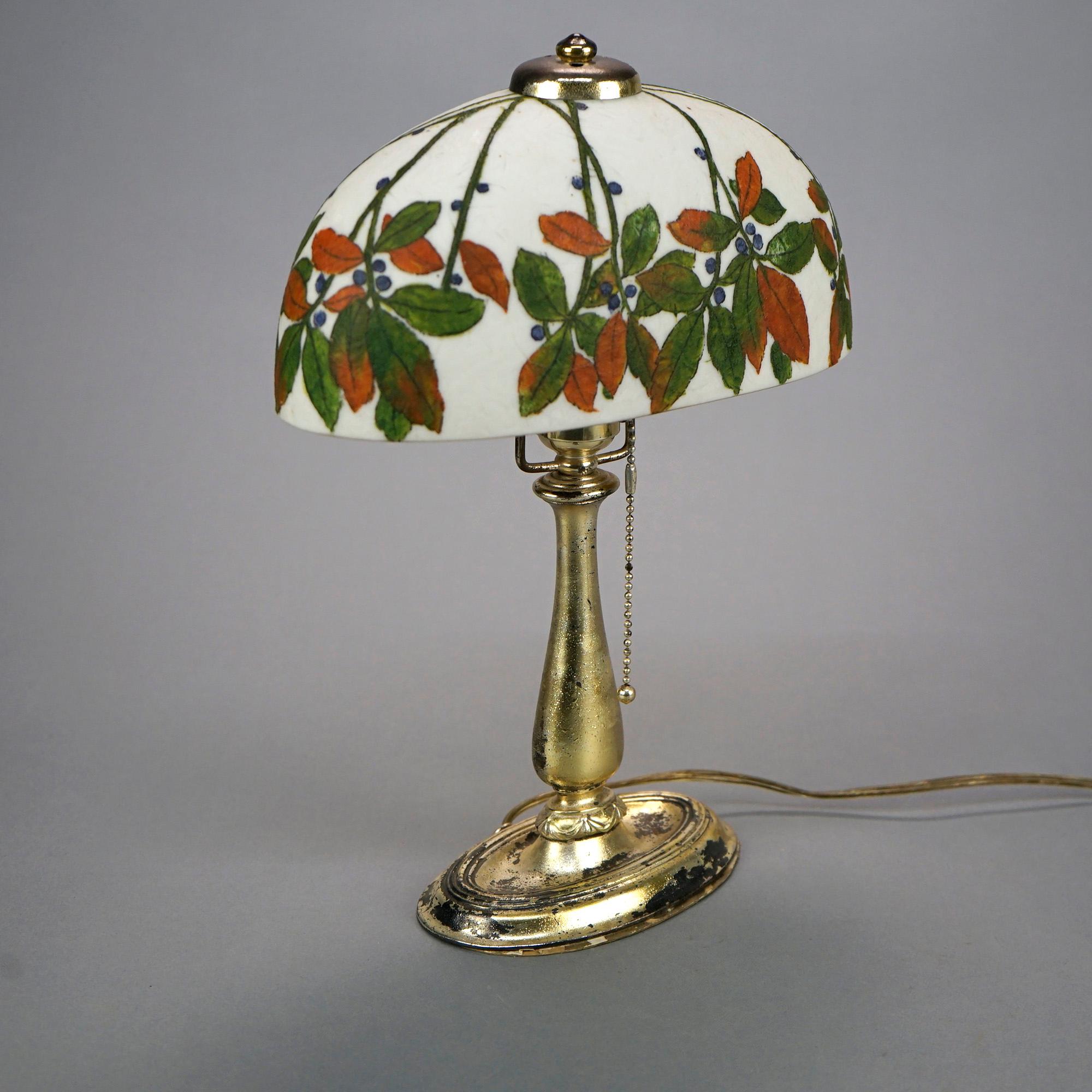 20th Century Rare Antique Handel Oval Leaf & Berry Shade Boudoir Lamp, Signed, c1920