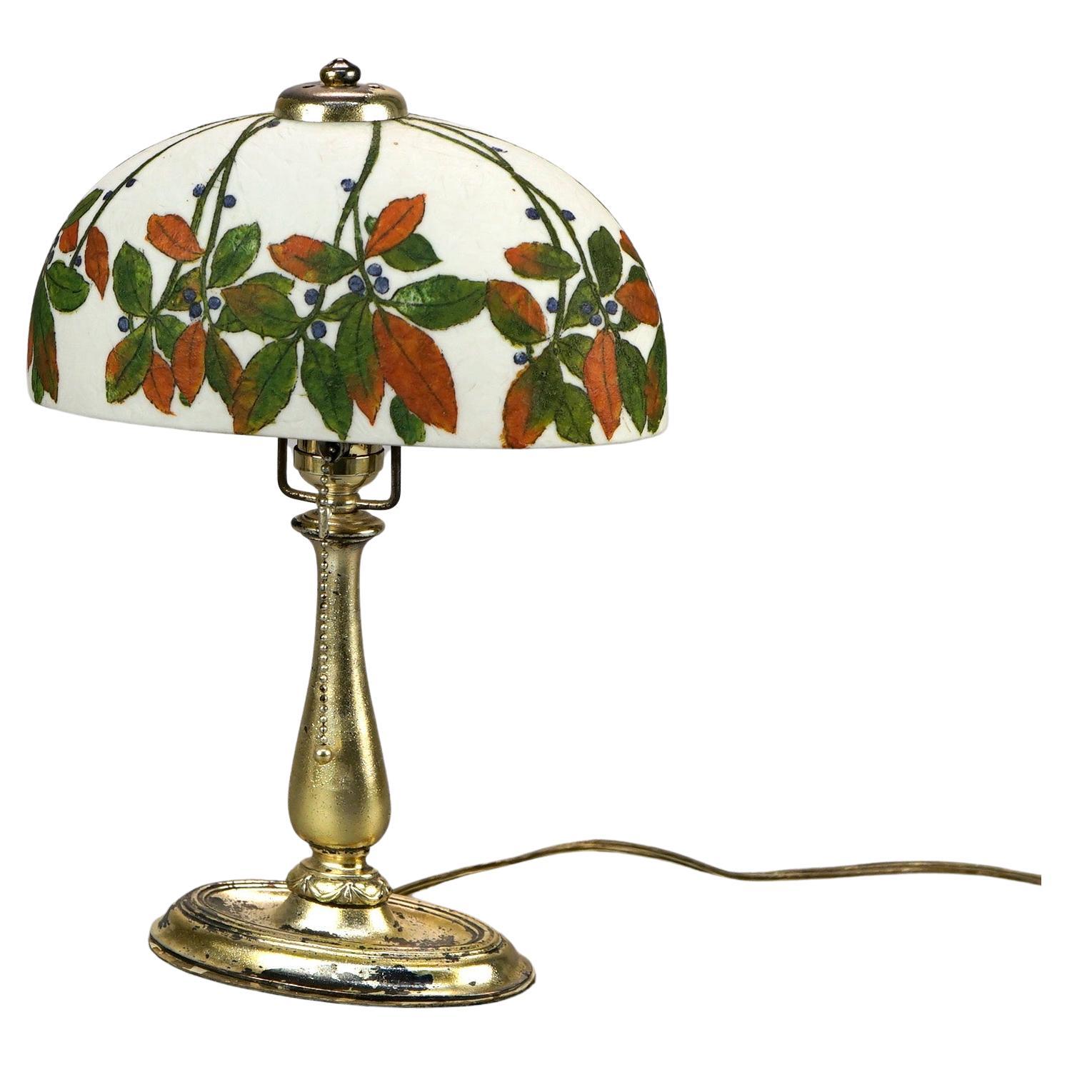 Arts and Crafts Rare Antique Handel Oval Leaf & Berry Shade Boudoir Lamp, Signed, c1920