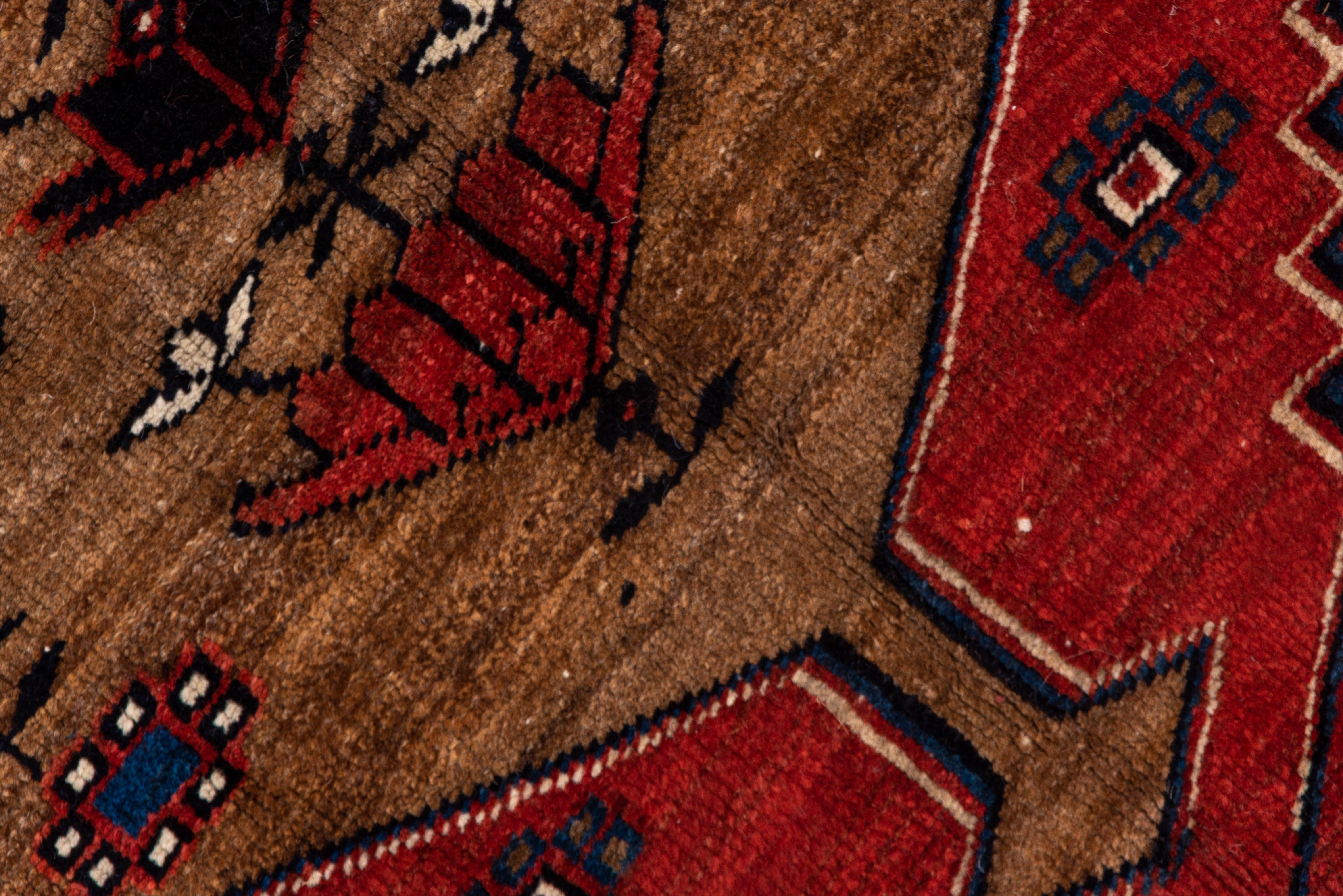 A sun face on the comb fringed central palmette is among the charming naive details on this nicely abrashed tan-camel tone NW Persian carpet. Other amusing elements include tribal animals and two human figures, presumably the weavers, and a