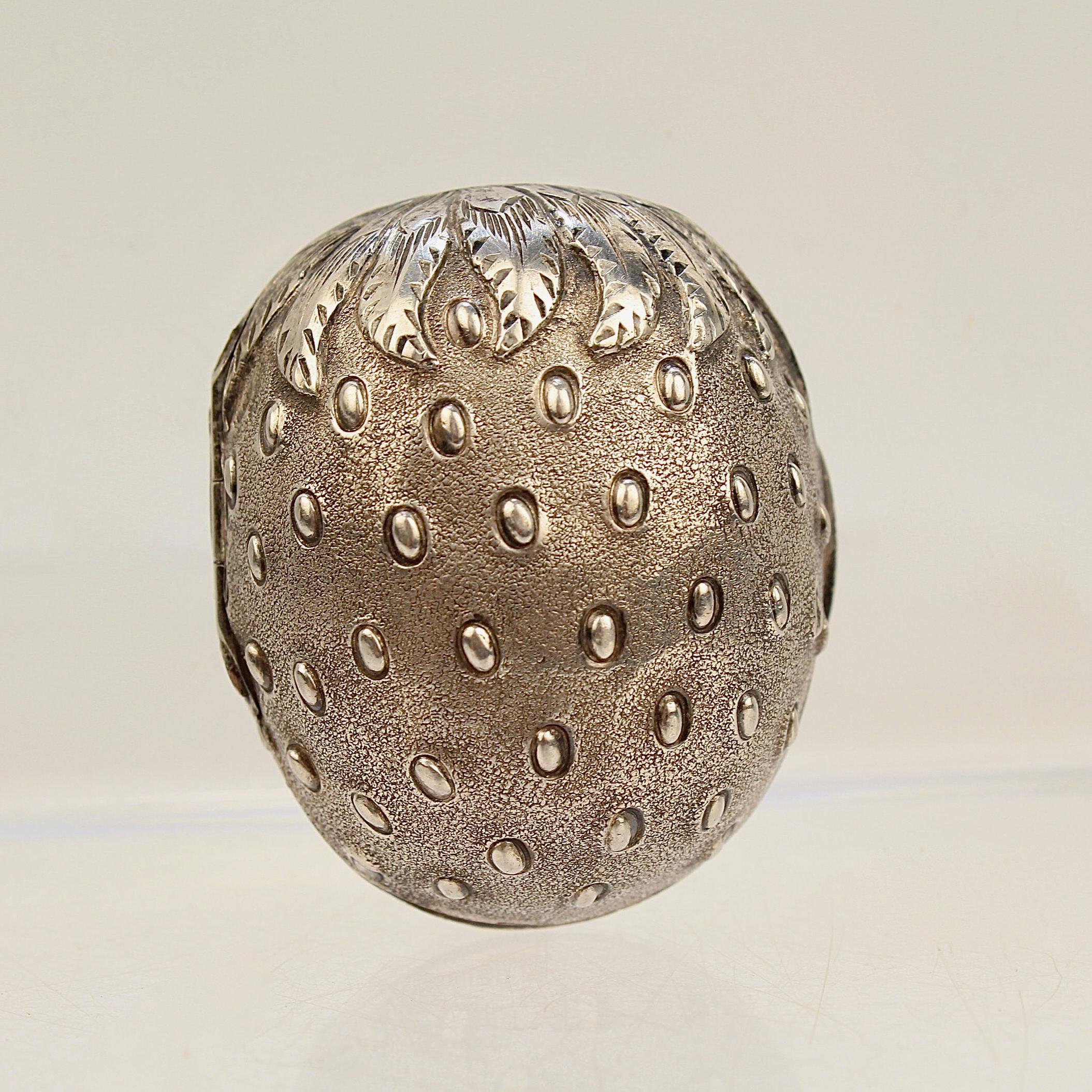 Rare Antique Hilliard & Thomason Sterling Silver Strawberry Form Nutmeg Grater In Good Condition In Philadelphia, PA