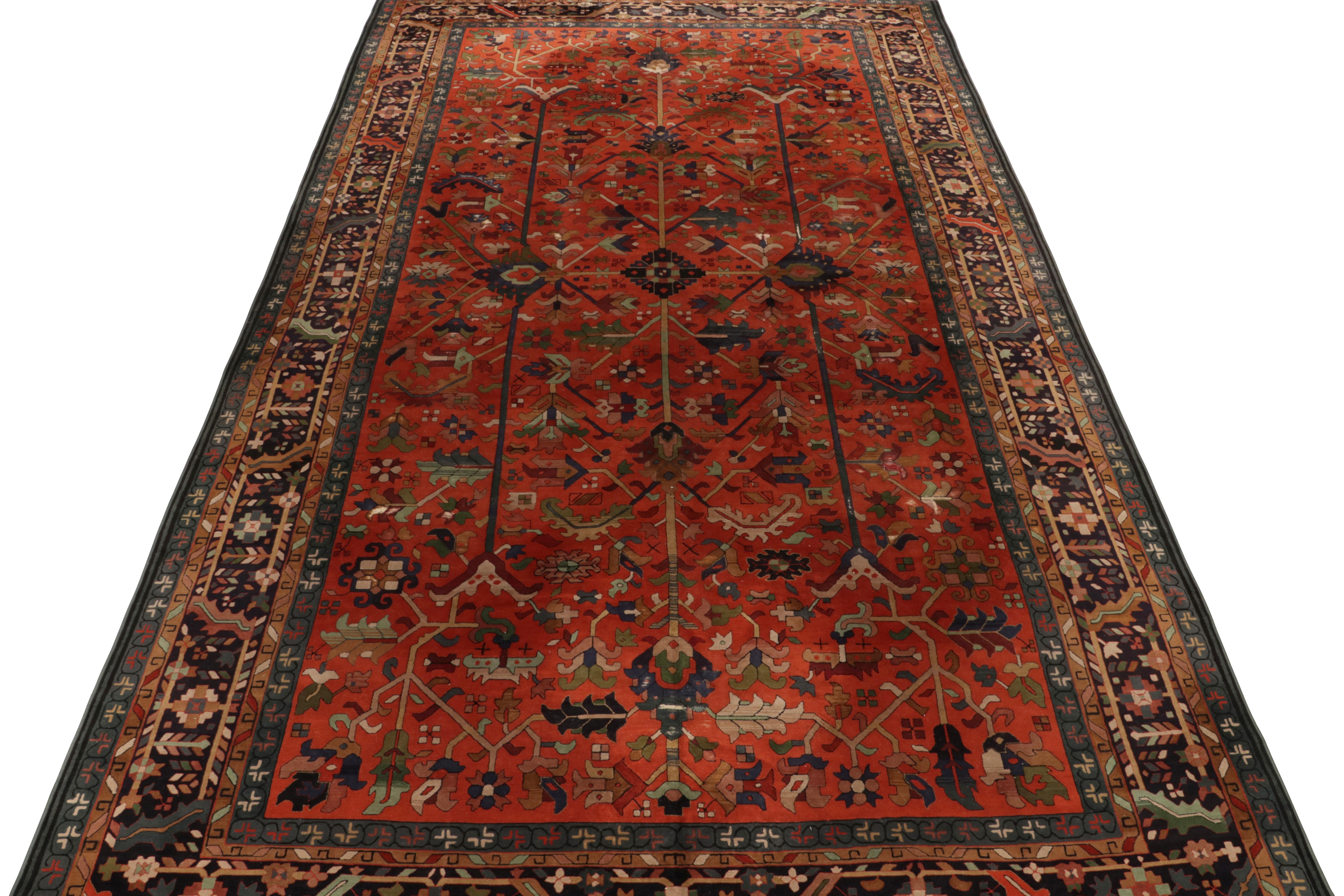 German Rare Antique Hooked Rug in Orange & Beige-Brown Floral Pattern by Rug & Kilim For Sale