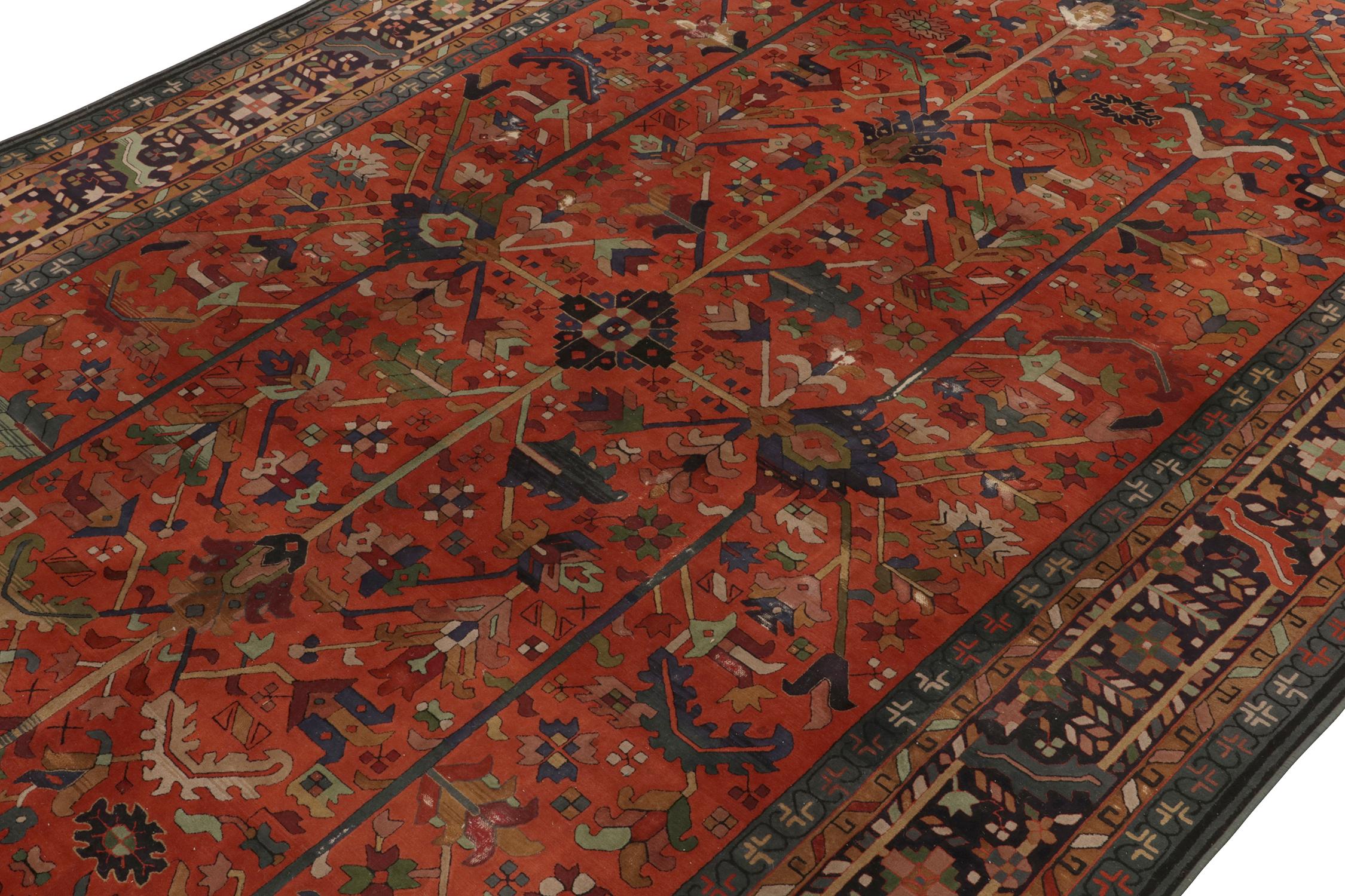 Hand-Knotted Rare Antique Hooked Rug in Orange & Beige-Brown Floral Pattern by Rug & Kilim For Sale