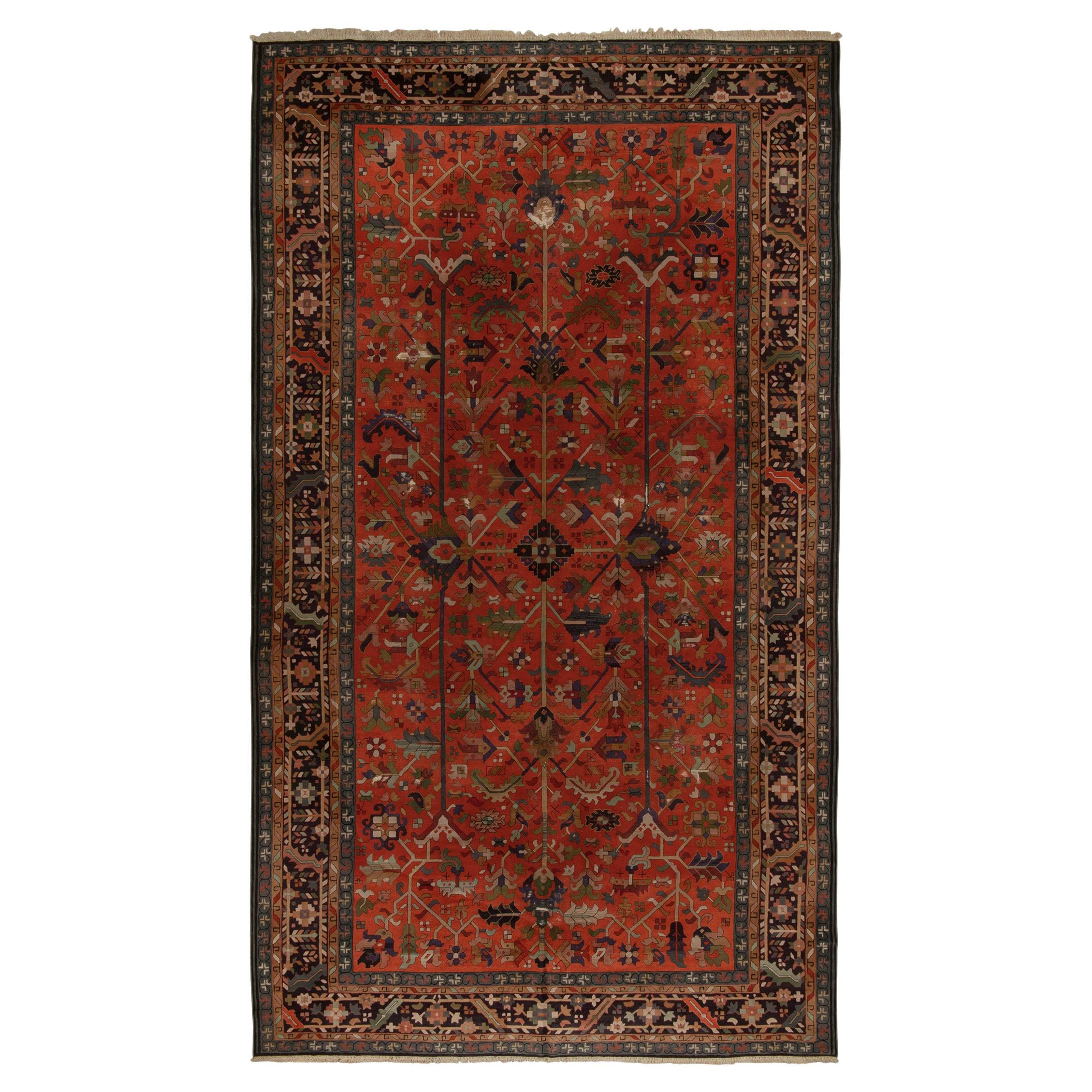 Rare Antique Hooked Rug in Orange & Beige-Brown Floral Pattern by Rug & Kilim For Sale