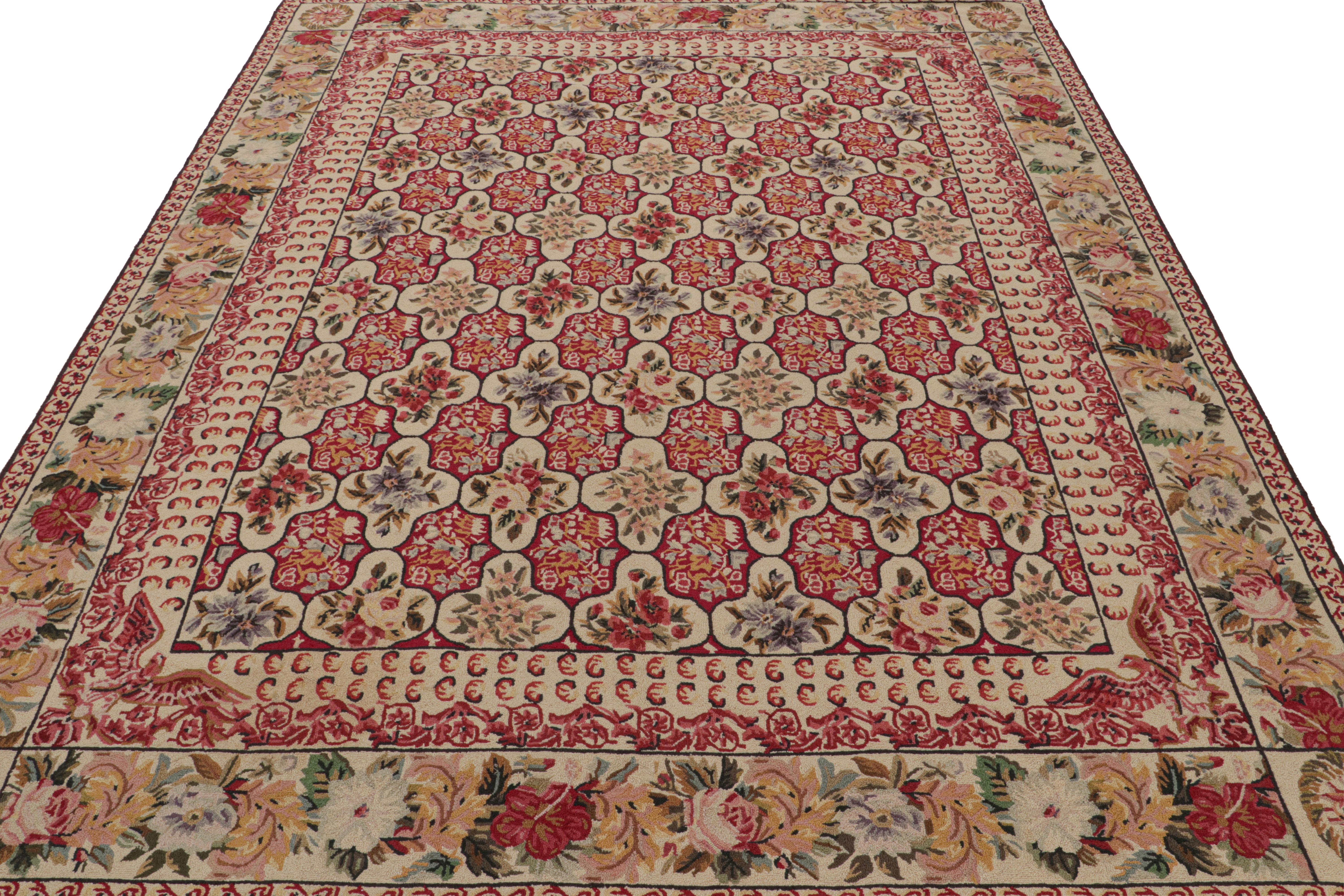 American Rare Antique Hooked Rug with Red & Beige Floral Patterns, from Rug & Kilim For Sale