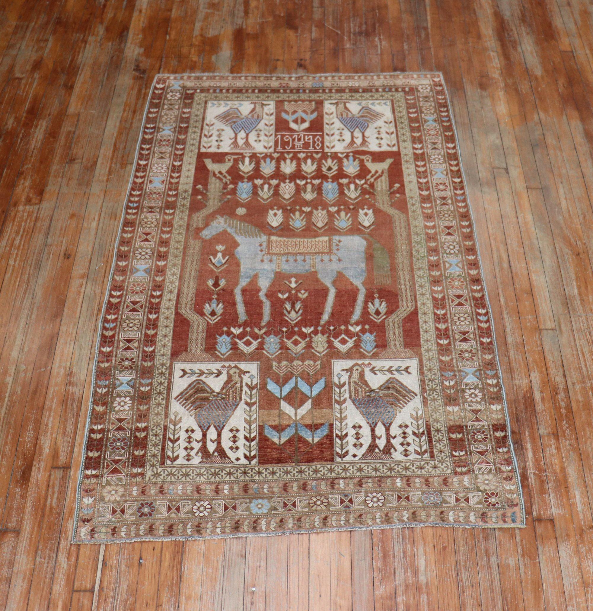 Folk Art Rare Antique Horse Rooster Shirvan Caucasian Rug Dated 1948 For Sale