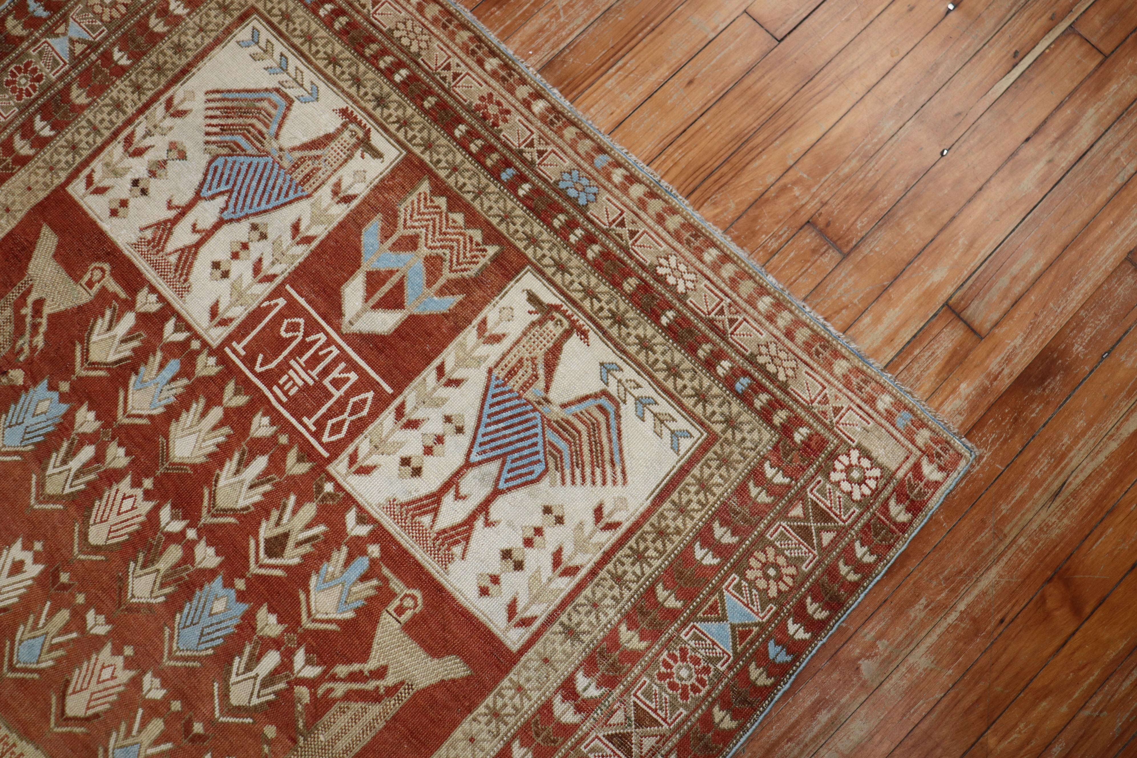 20th Century Rare Antique Horse Rooster Shirvan Caucasian Rug Dated 1948 For Sale