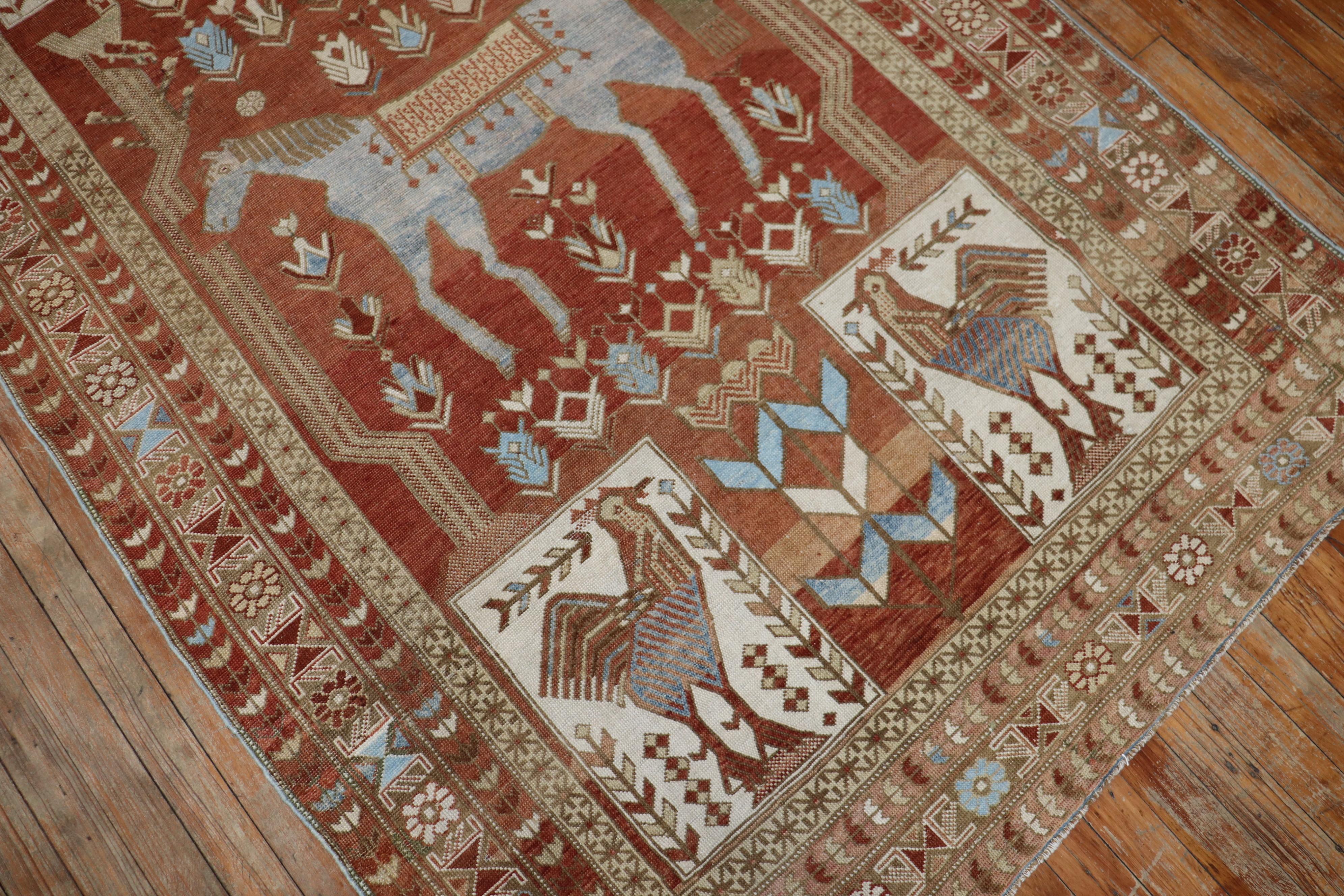 Wool Rare Antique Horse Rooster Shirvan Caucasian Rug Dated 1948 For Sale
