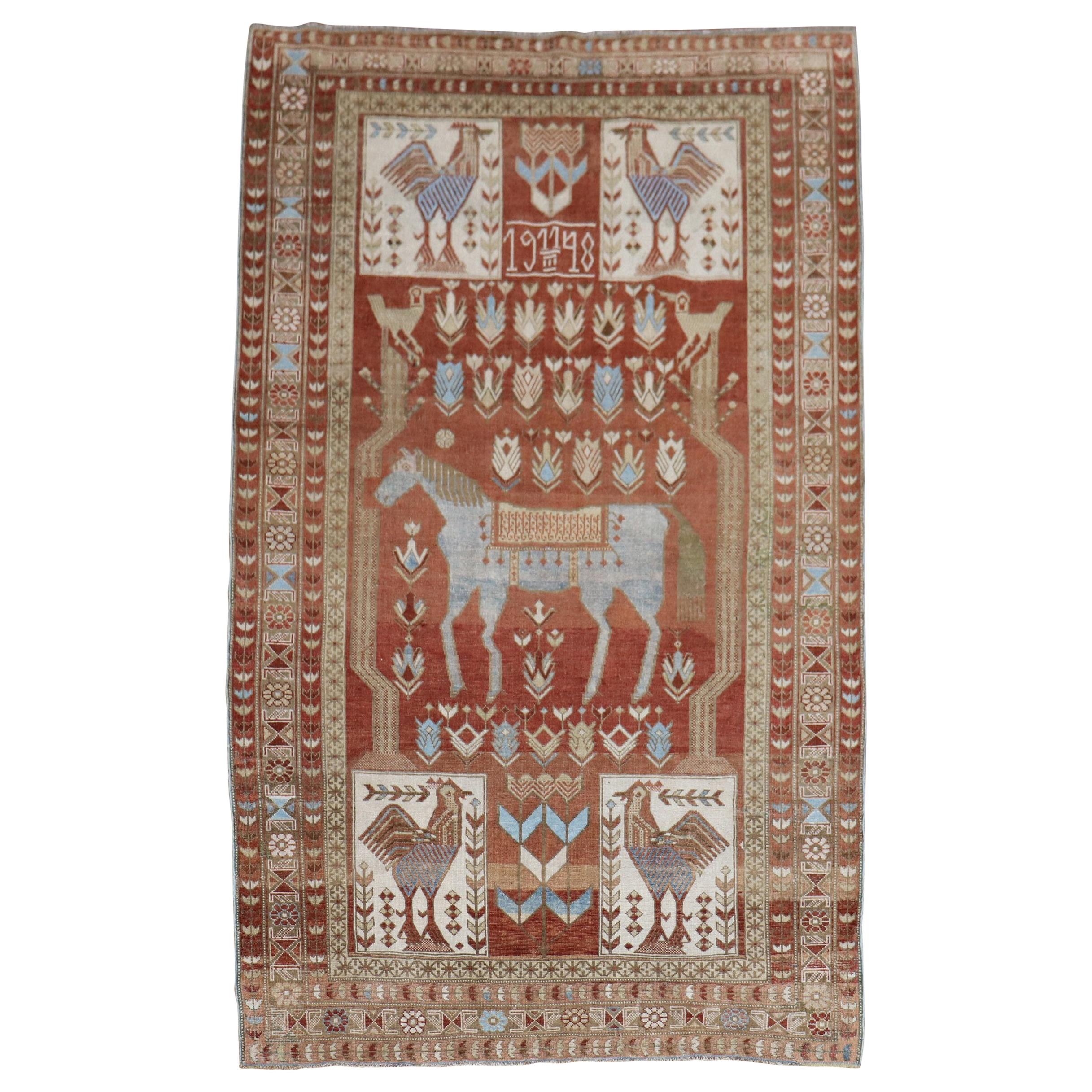 Rare Antique Horse Rooster Shirvan Caucasian Rug Dated 1948 For Sale