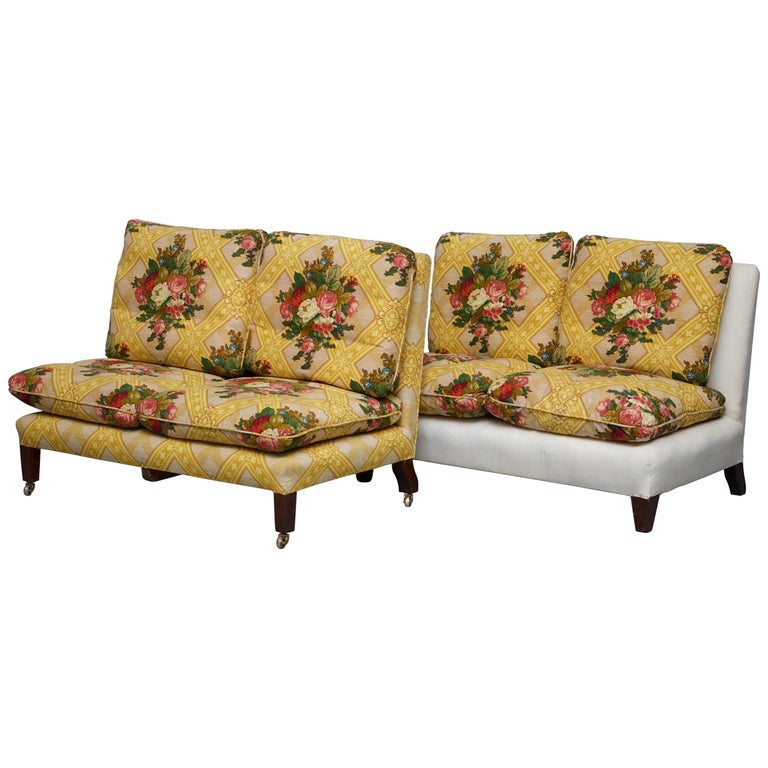 Rare Antique Howard and Sons Stamped Pair of Sofa Benches Feather