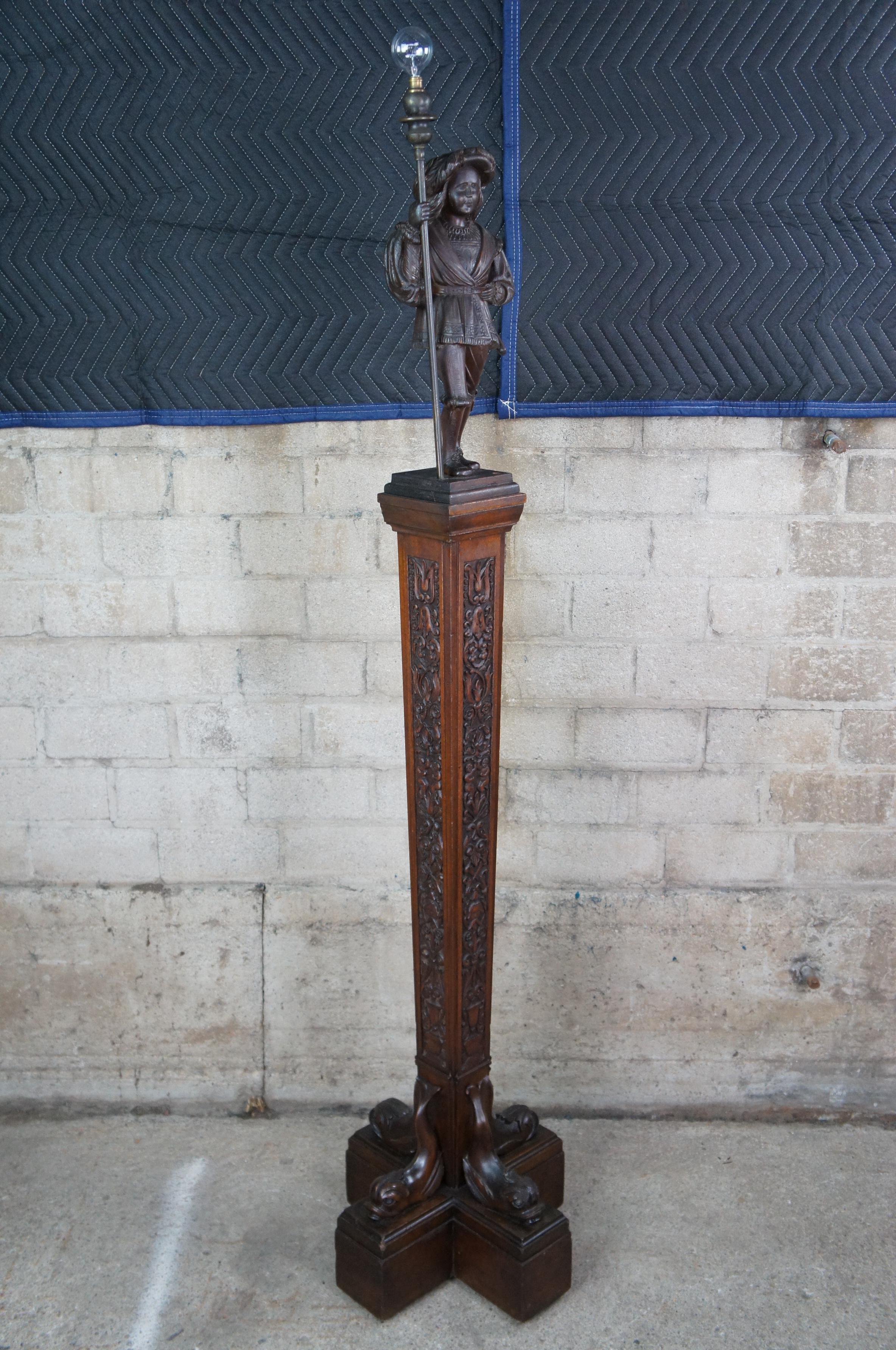Rare lampadaire ancien en chêne sculpté Hubbell à colonne de bibliothèque avec dauphins figuratifs en vente 3