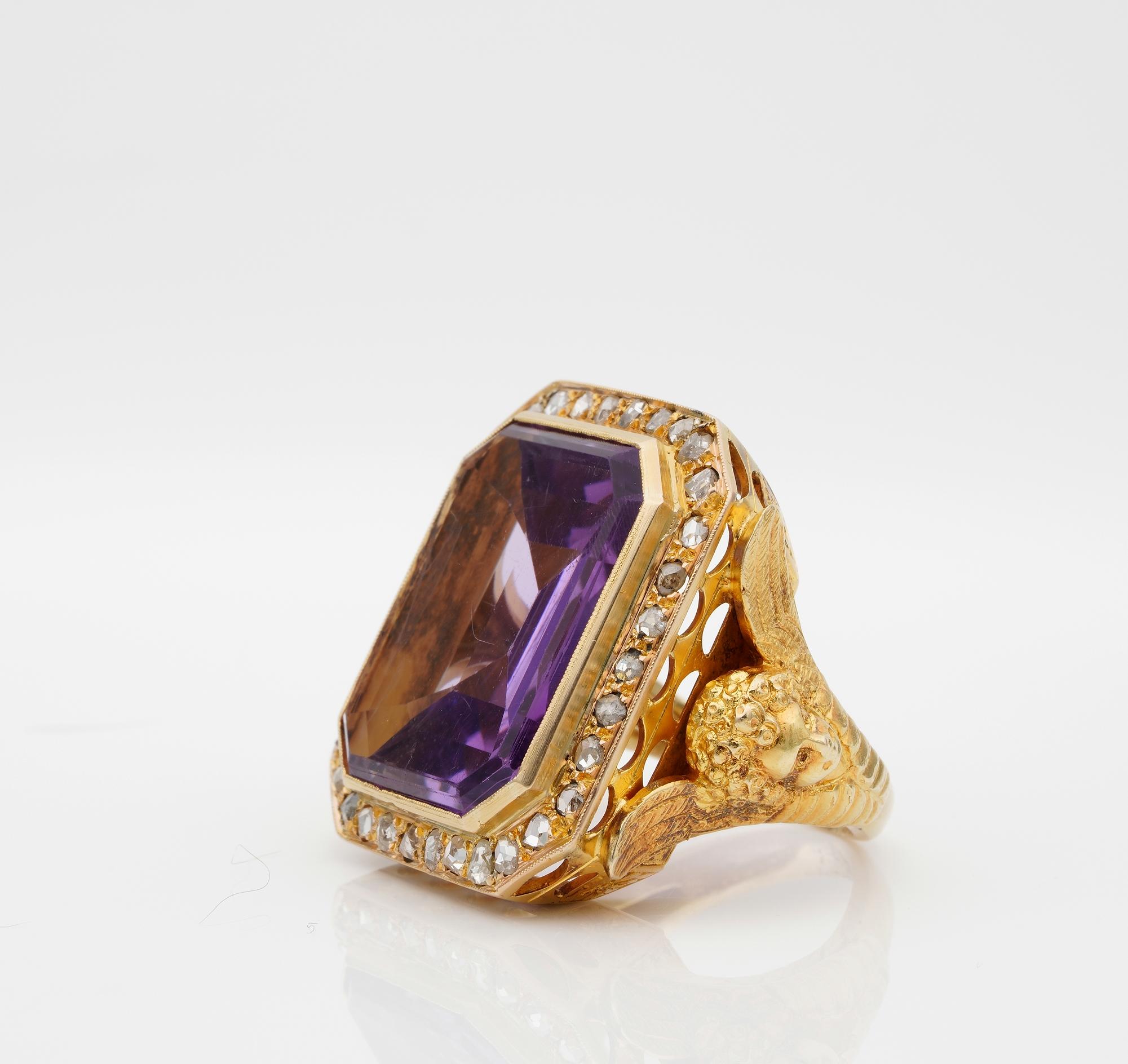 Victorian Rare Antique Imposing Amethyst Diamond Angel Bishop Ring, circa 1890 For Sale