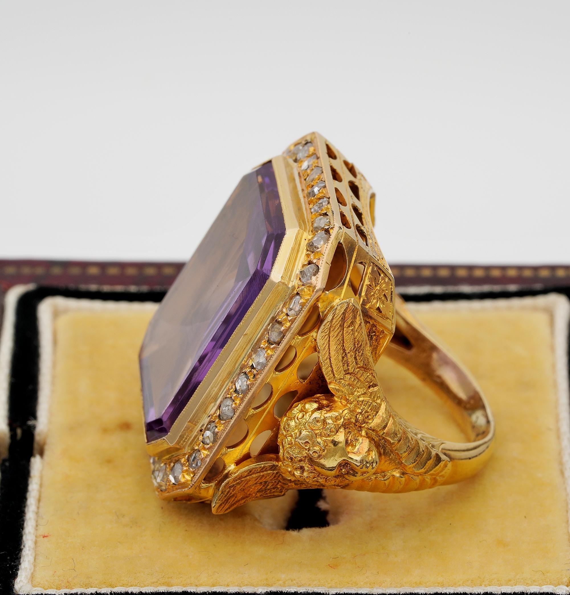 Women's or Men's Rare Antique Imposing Amethyst Diamond Angel Bishop Ring, circa 1890 For Sale
