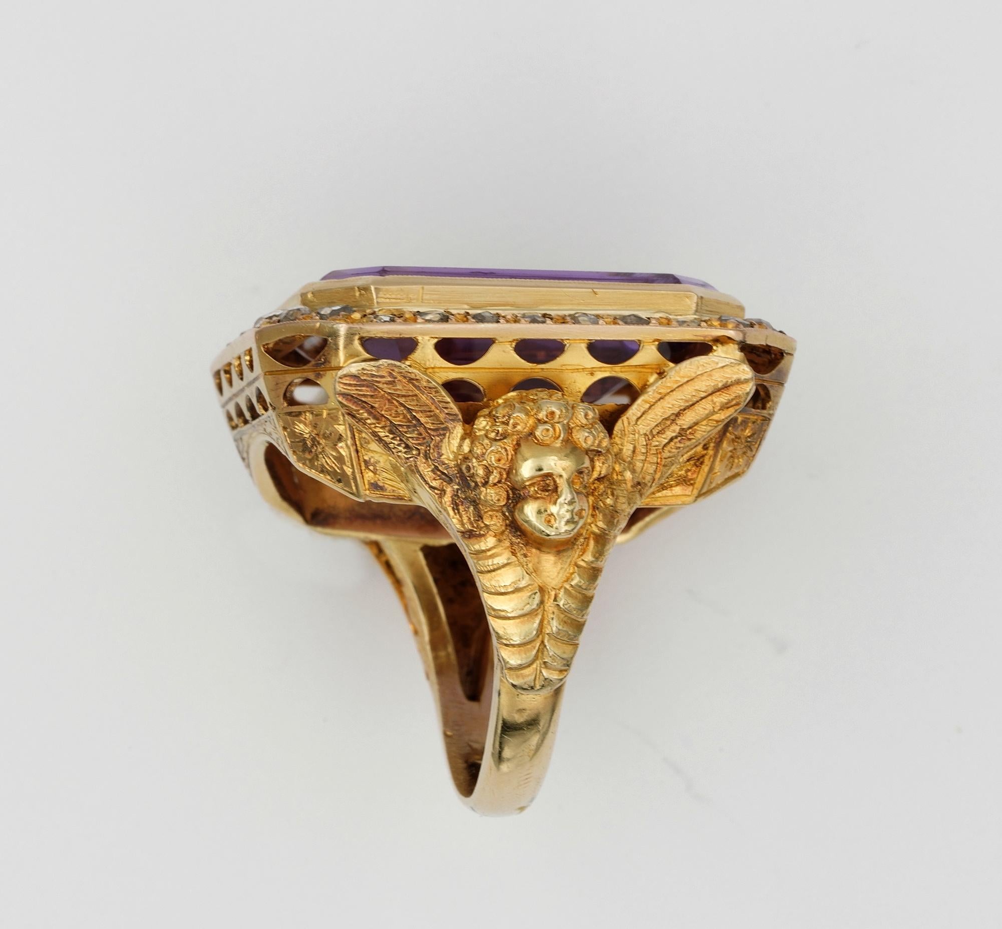 Rare Antique Imposing Amethyst Diamond Angel Bishop Ring, circa 1890 In Good Condition For Sale In Napoli, IT