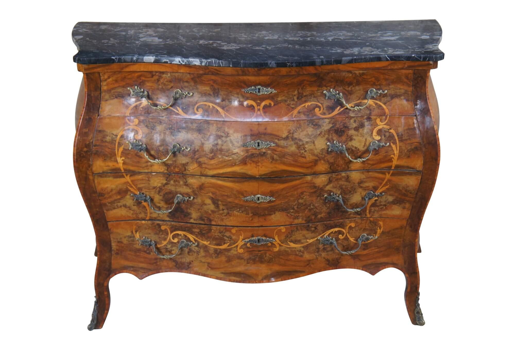 Rare Antique Italian Rococo Bombe Circassian Walnut Burl Marquetry Bedroom Set For Sale 9