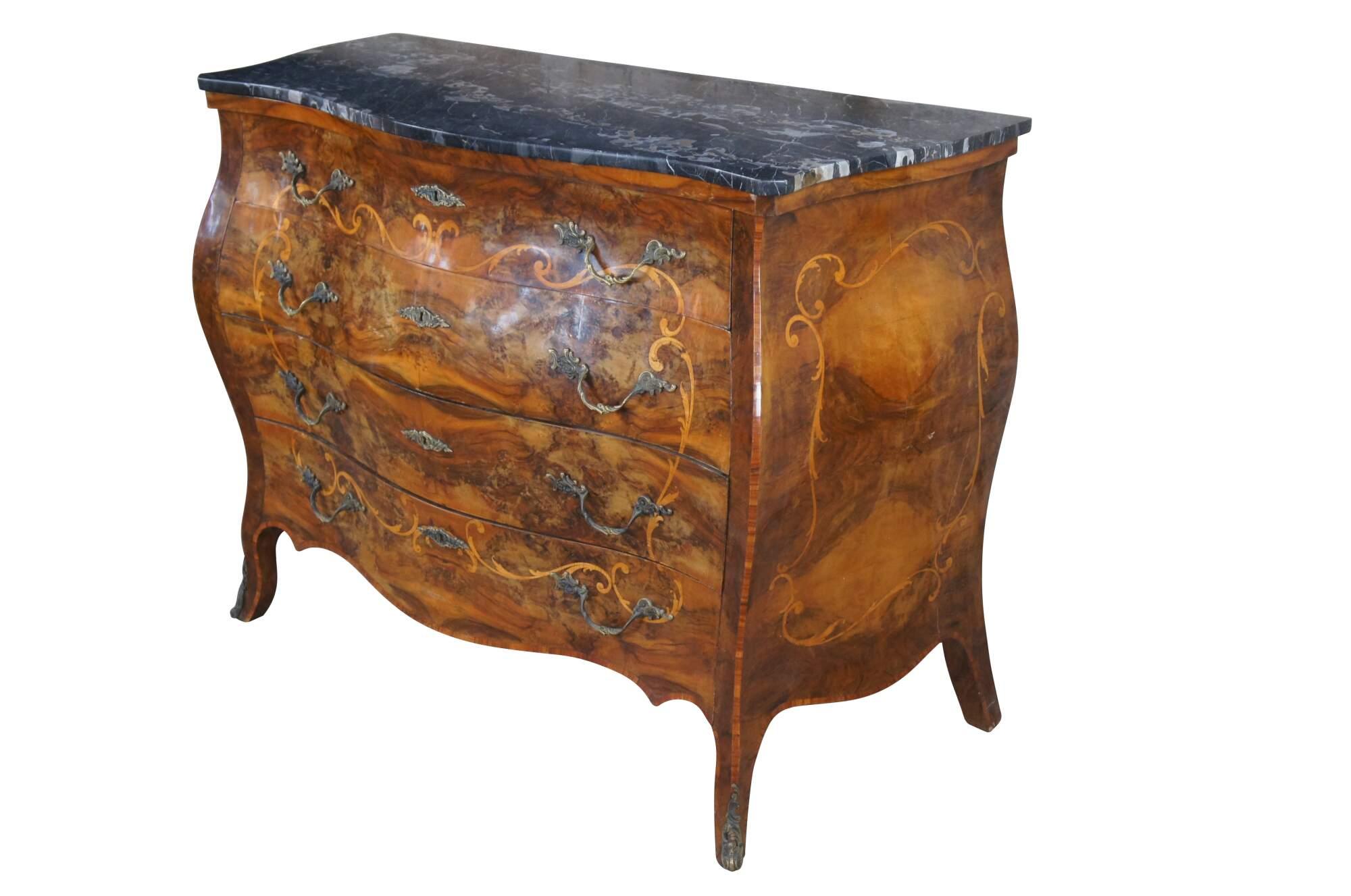 Rare Antique Italian Rococo Bombe Circassian Walnut Burl Marquetry Bedroom Set For Sale 10