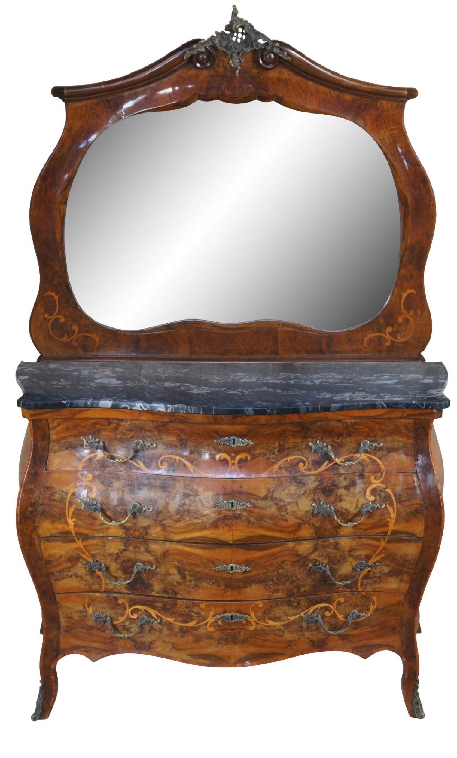 Rare and impressive monumental Antique 19th century Italian Baroque Rococo Bombe bedroom suite, circa 1870s. Features a large full length armoire, dresser with mirror, 2 nightstands, a vanity and 2 small single beds. The beds can be modified and