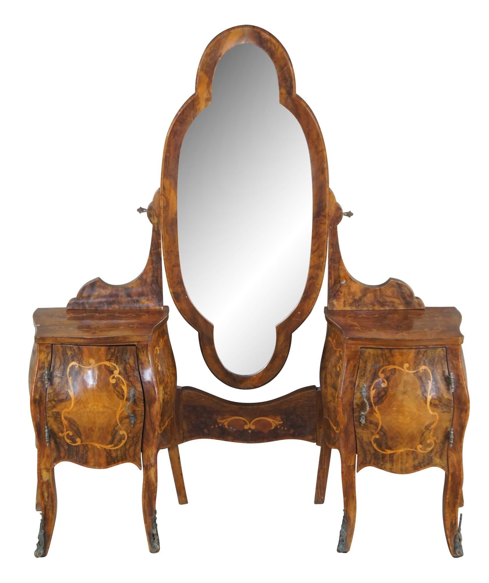 19th Century Rare Antique Italian Rococo Bombe Circassian Walnut Burl Marquetry Bedroom Set For Sale