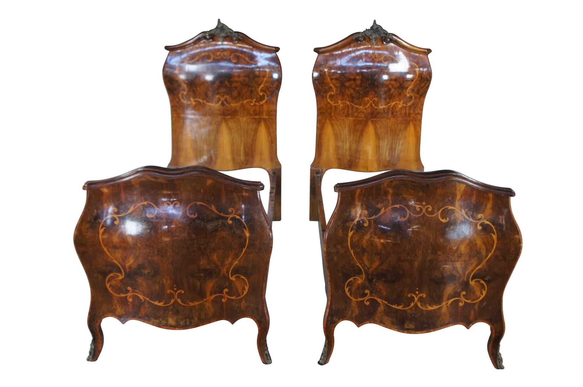 Bronze Rare Antique Italian Rococo Bombe Circassian Walnut Burl Marquetry Bedroom Set For Sale
