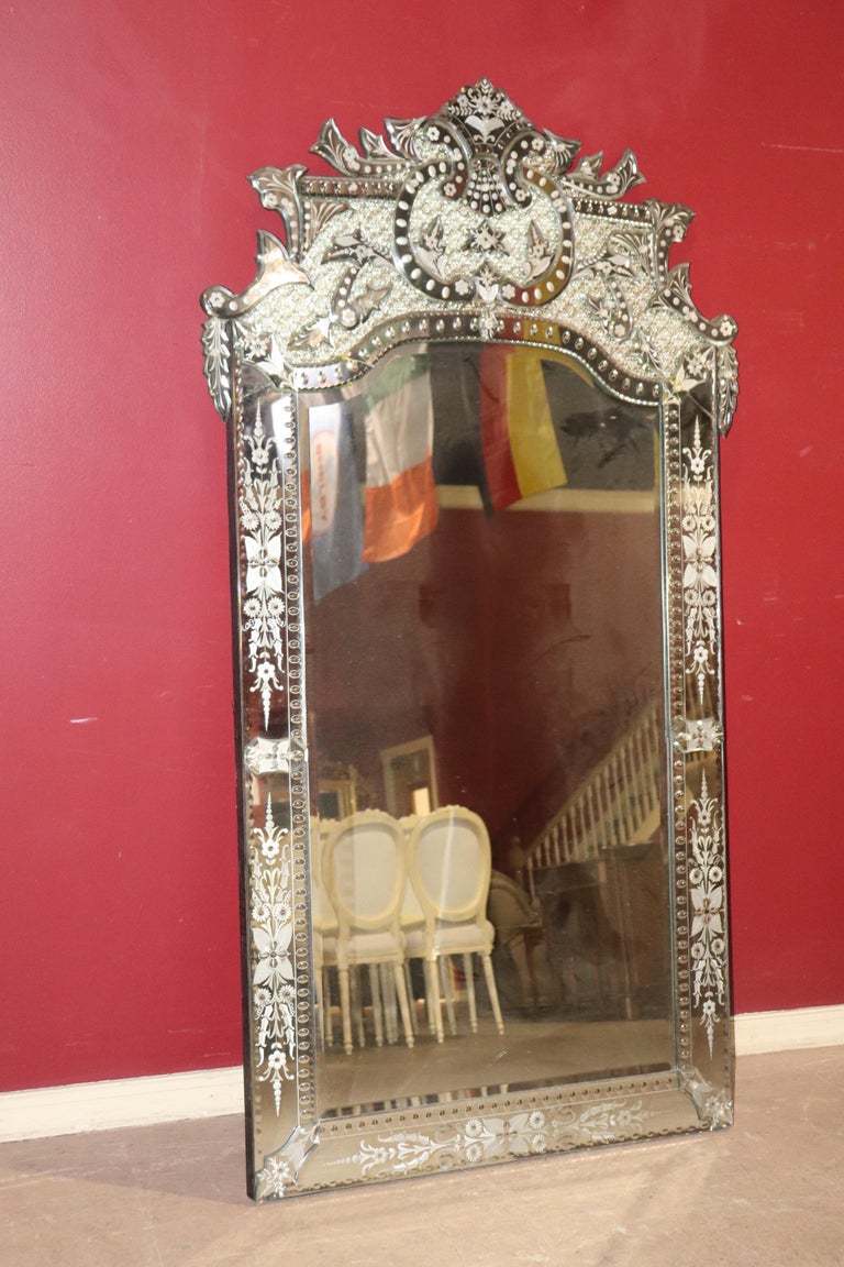 Rare Antique Italian Venetian Etched Glass Mirror with Etched Quatrofoil Design at 1stDibs