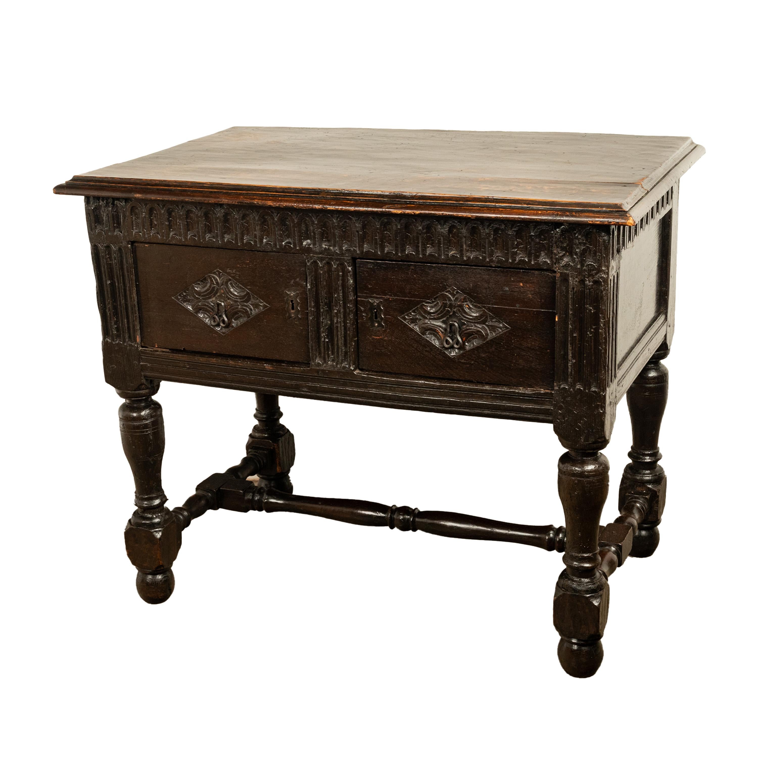 English Rare Antique James I Jacobean Carved Oak Side Table Sideboard Cupboard 1620 For Sale