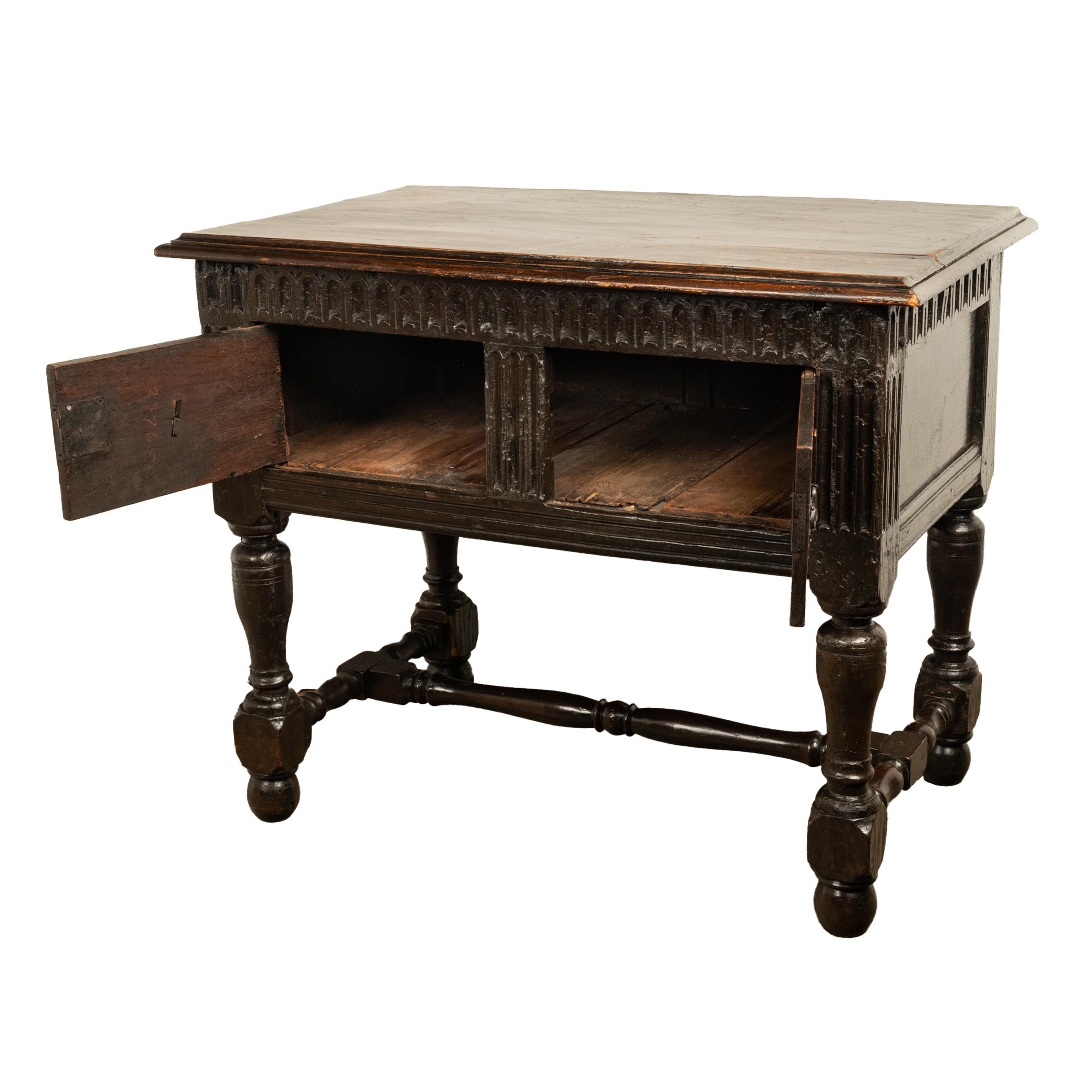 Rare Antique James I Jacobean Carved Oak Side Table Sideboard Cupboard 1620 In Good Condition For Sale In Portland, OR