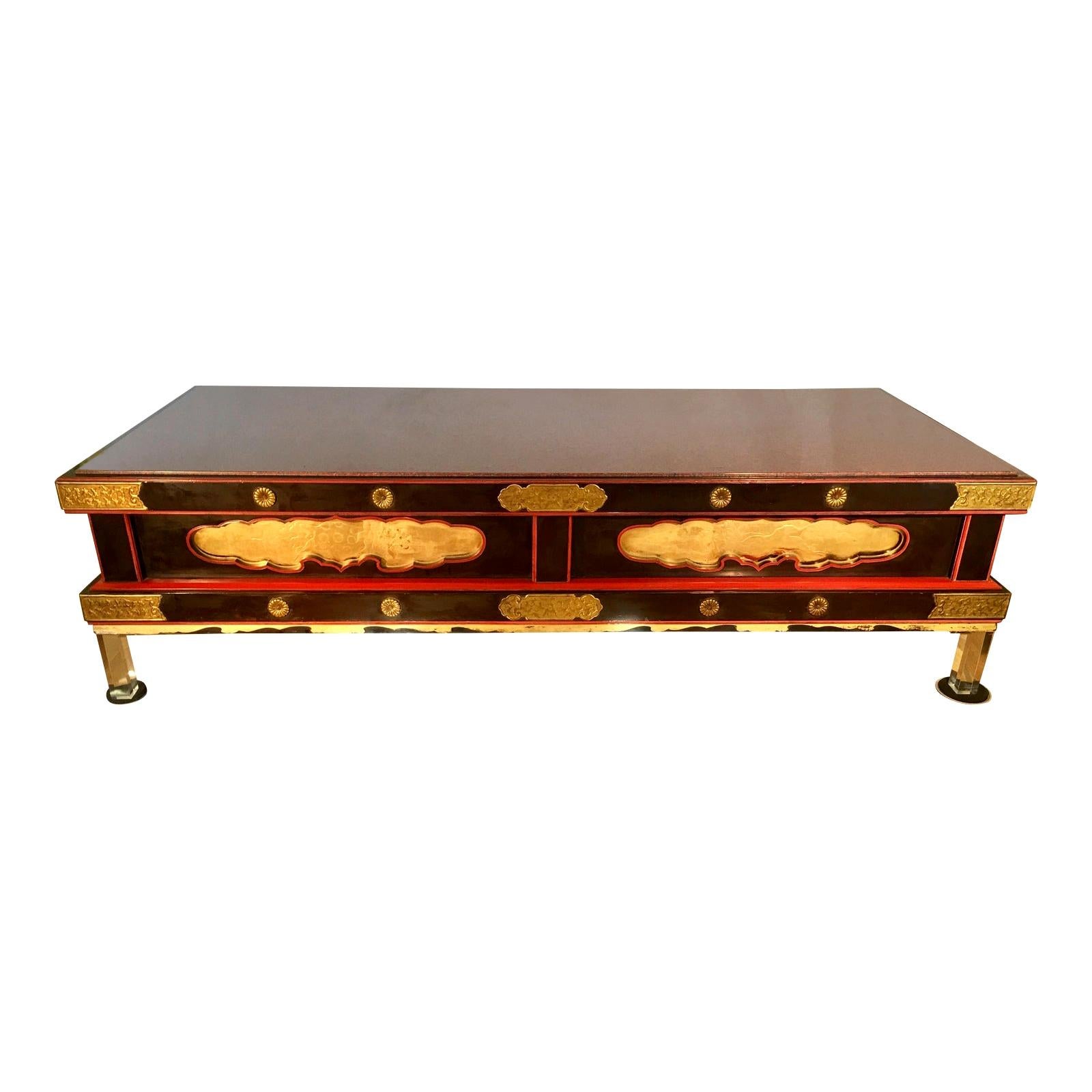 Rare Antique Japanese Coffee Table with Rouge Marble Top and Lucite