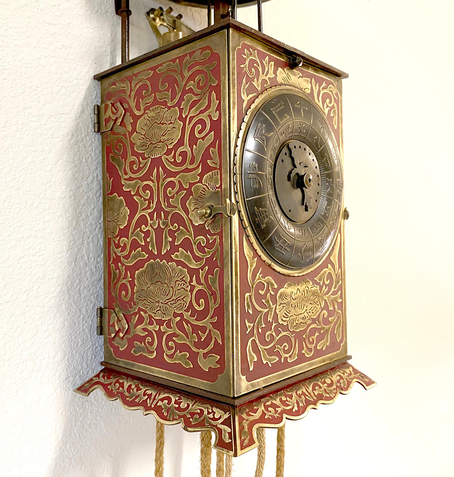 Bronze Rare Antique Japanese Double Foliot Striking Lantern Wall Clock Kake Dokei For Sale