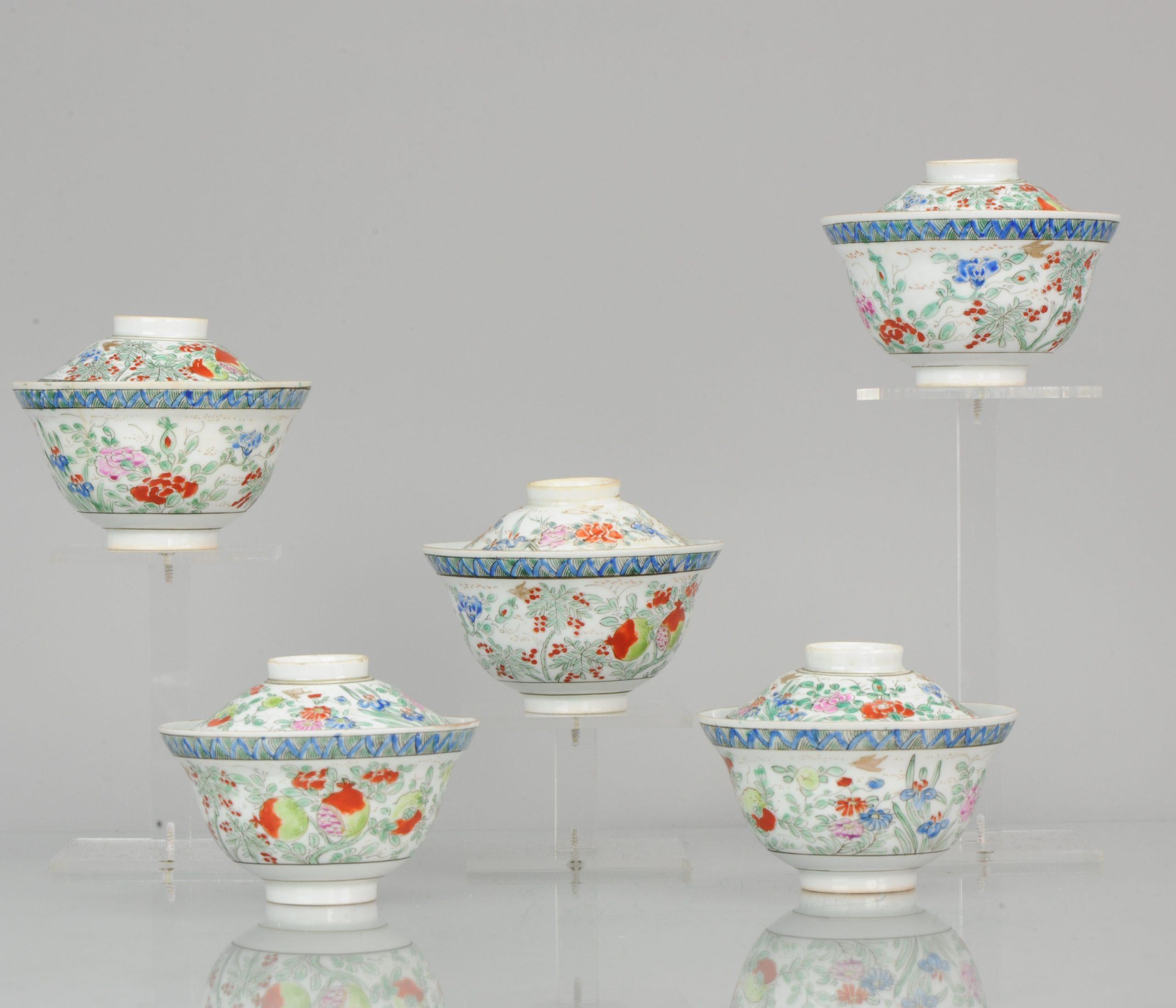 A very nice set of 5 tea bowls decorated with flowers and pommegranat. They are marked on the base. Decoration for the SE Asian market. Straits style

 

                       

 

 
Condition:
Overall condition; Bowls good, 1 with chip