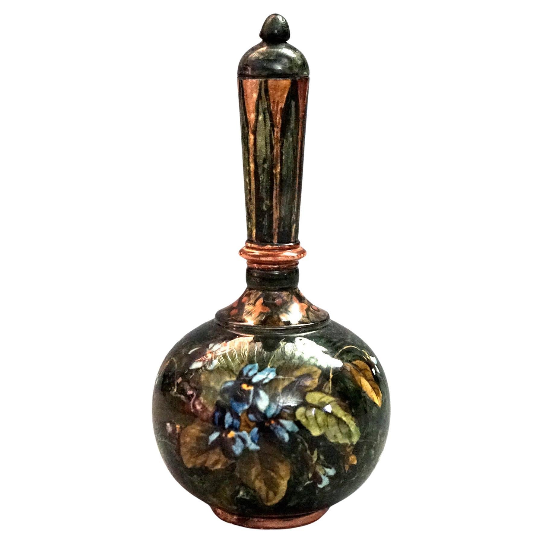 A rare and pristine museum-quality antique bottle vase by John Bennett of New York, NY offers art pottery construction in bulbous bottle form with hand painted floral decoration and lid (very unusual to have the lid), artist signed and dated 1878 on