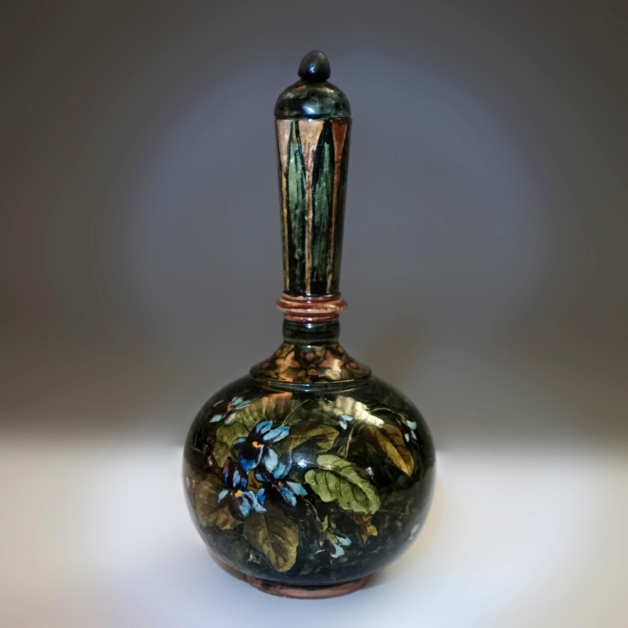 American Rare Antique John Bennett Art Pottery Lidded Bottle Vase, New York, Dated 1878