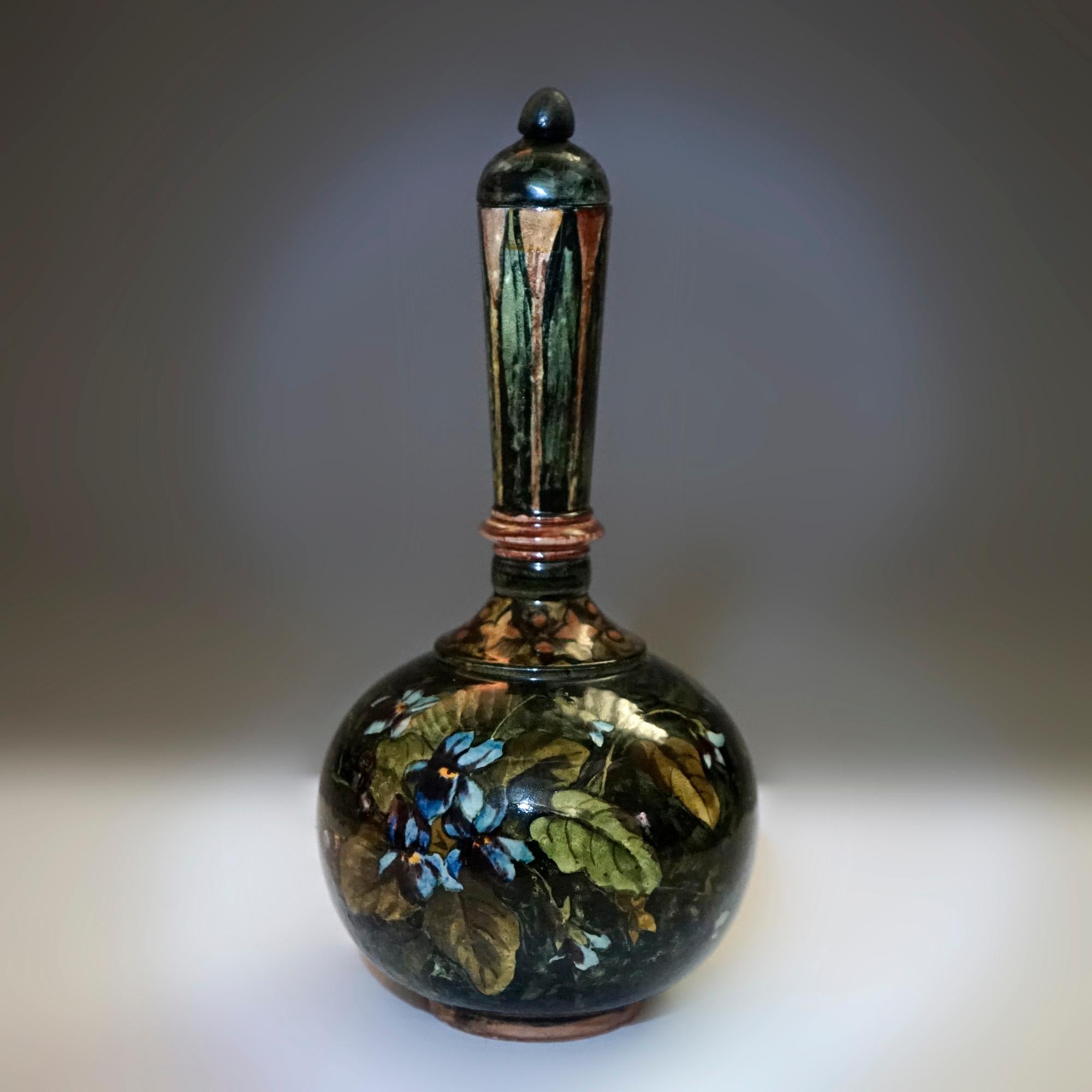 American Rare Antique John Bennett Art Pottery Lidded Bottle Vase, New York, Dated 1878