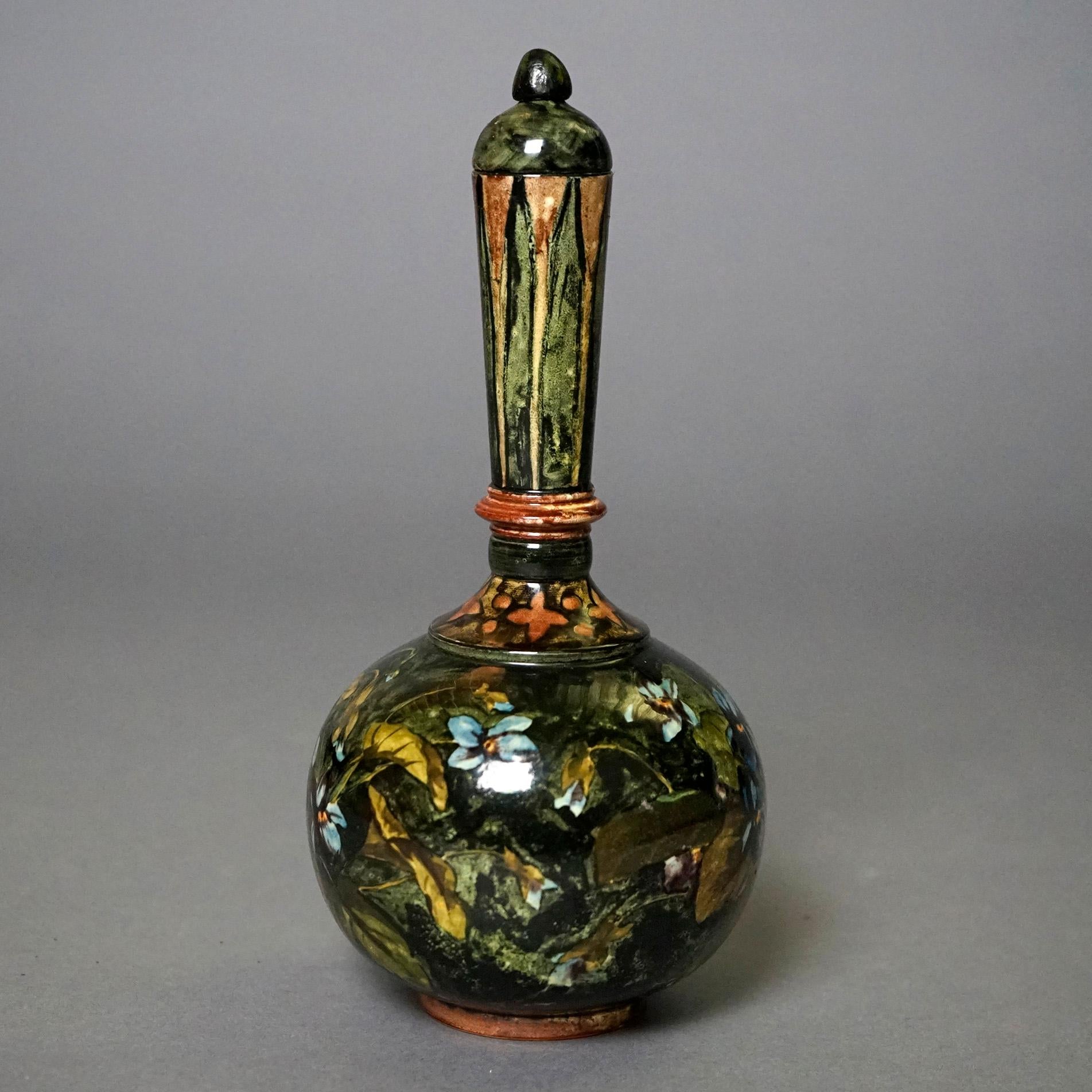 Rare Antique John Bennett Art Pottery Lidded Bottle Vase, New York, Dated 1878 In Good Condition In Big Flats, NY