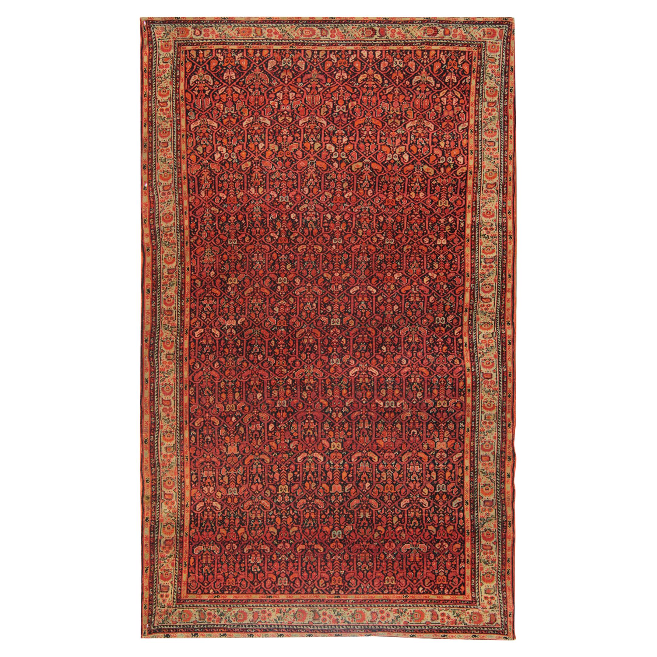 Rare Antique Malayer Traditional Red Wool Rug with Herati Fish Pattern Carpet For Sale