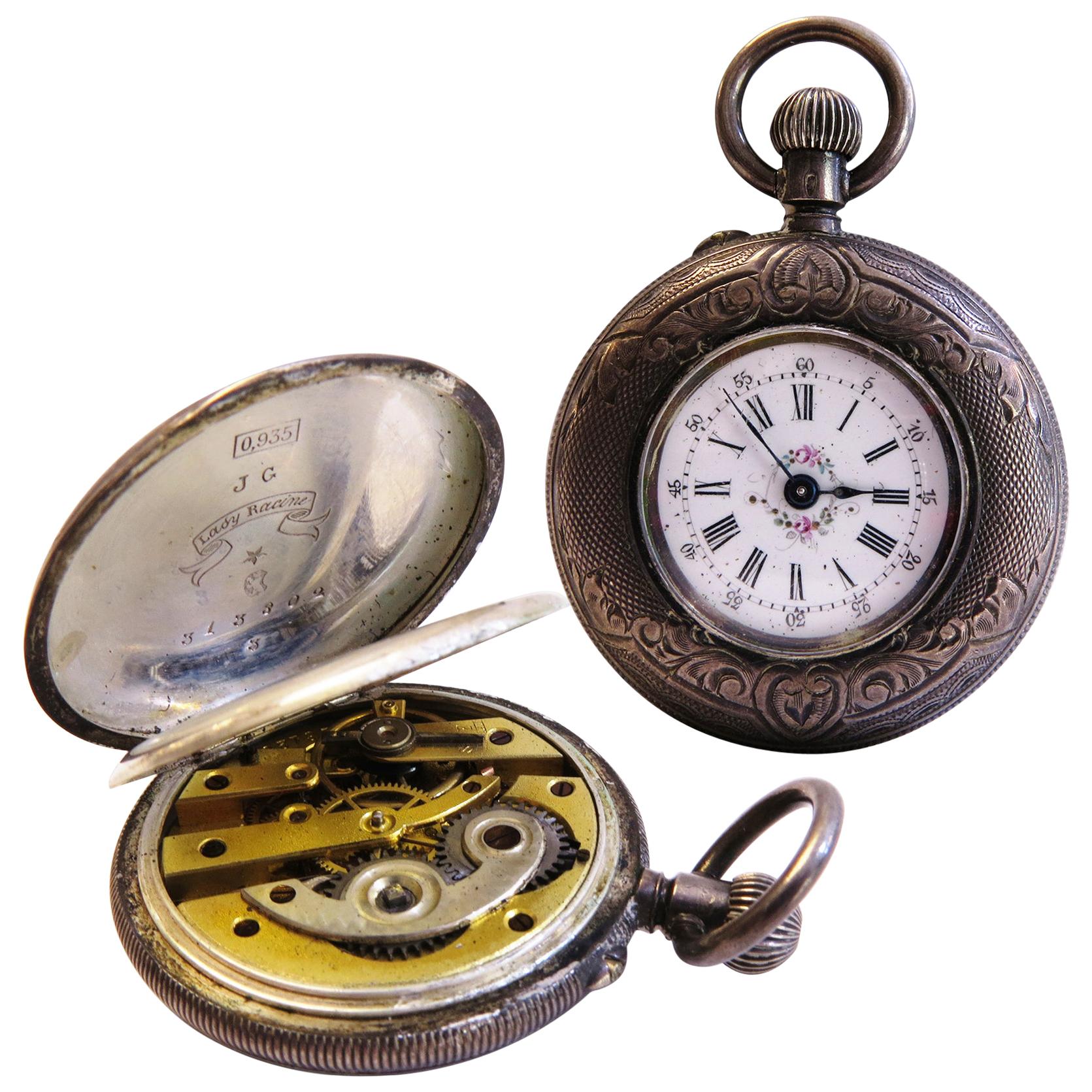Rare Antique Lady Racine 0.935 Silver Pocket Watch For Sale
