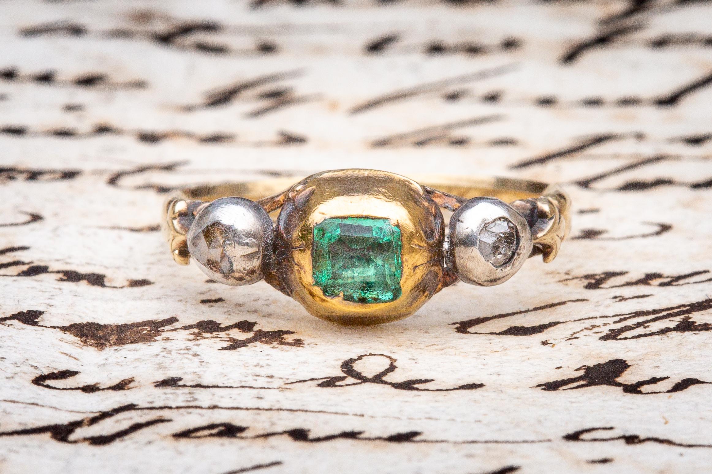 Emerald Cut Rare Antique Late 18th Century Emerald and Diamond Georgian Trilogy Ring