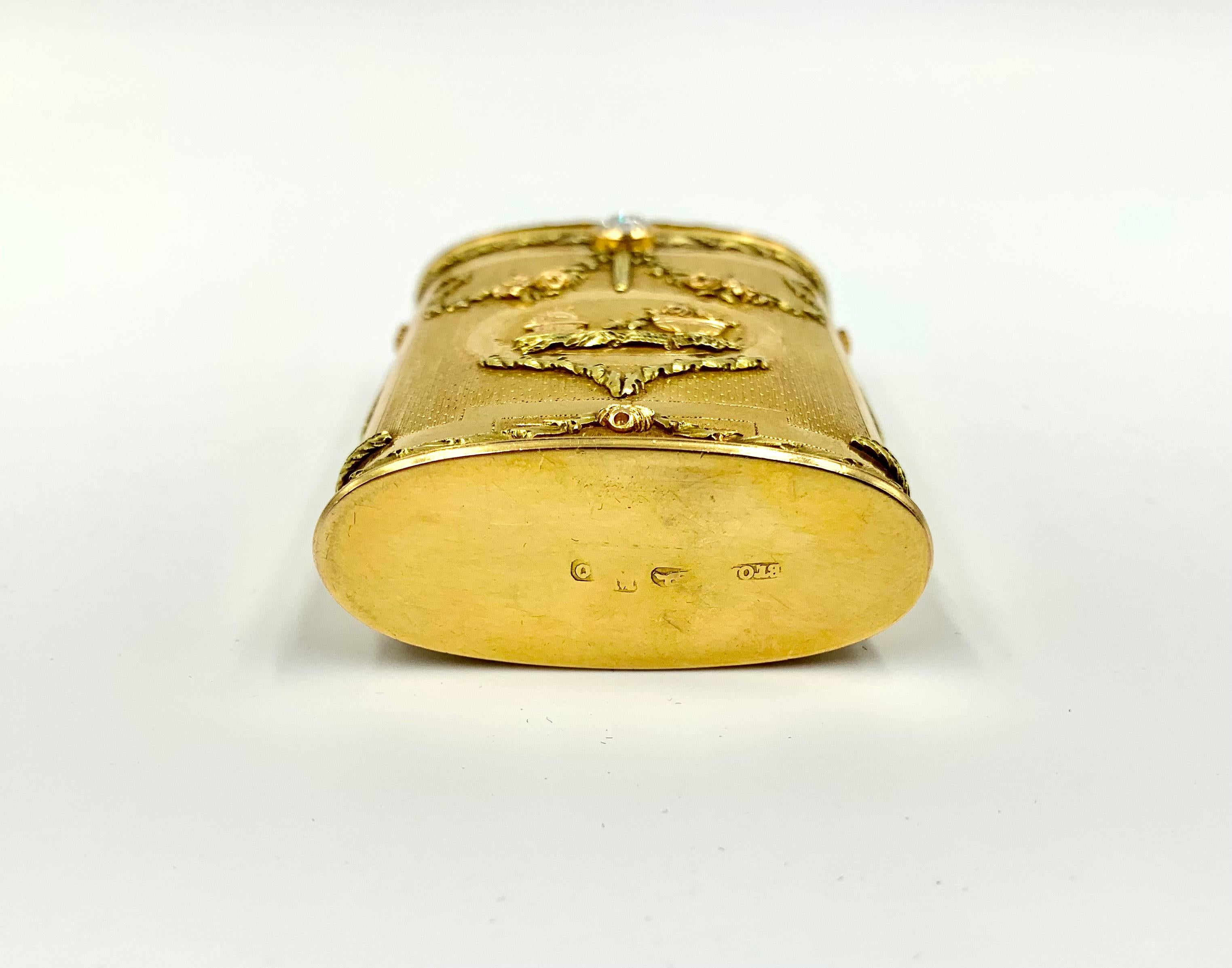 Rare Antique Latin American Three Color Gold, Diamond Allegory of Love Oval Box For Sale 1