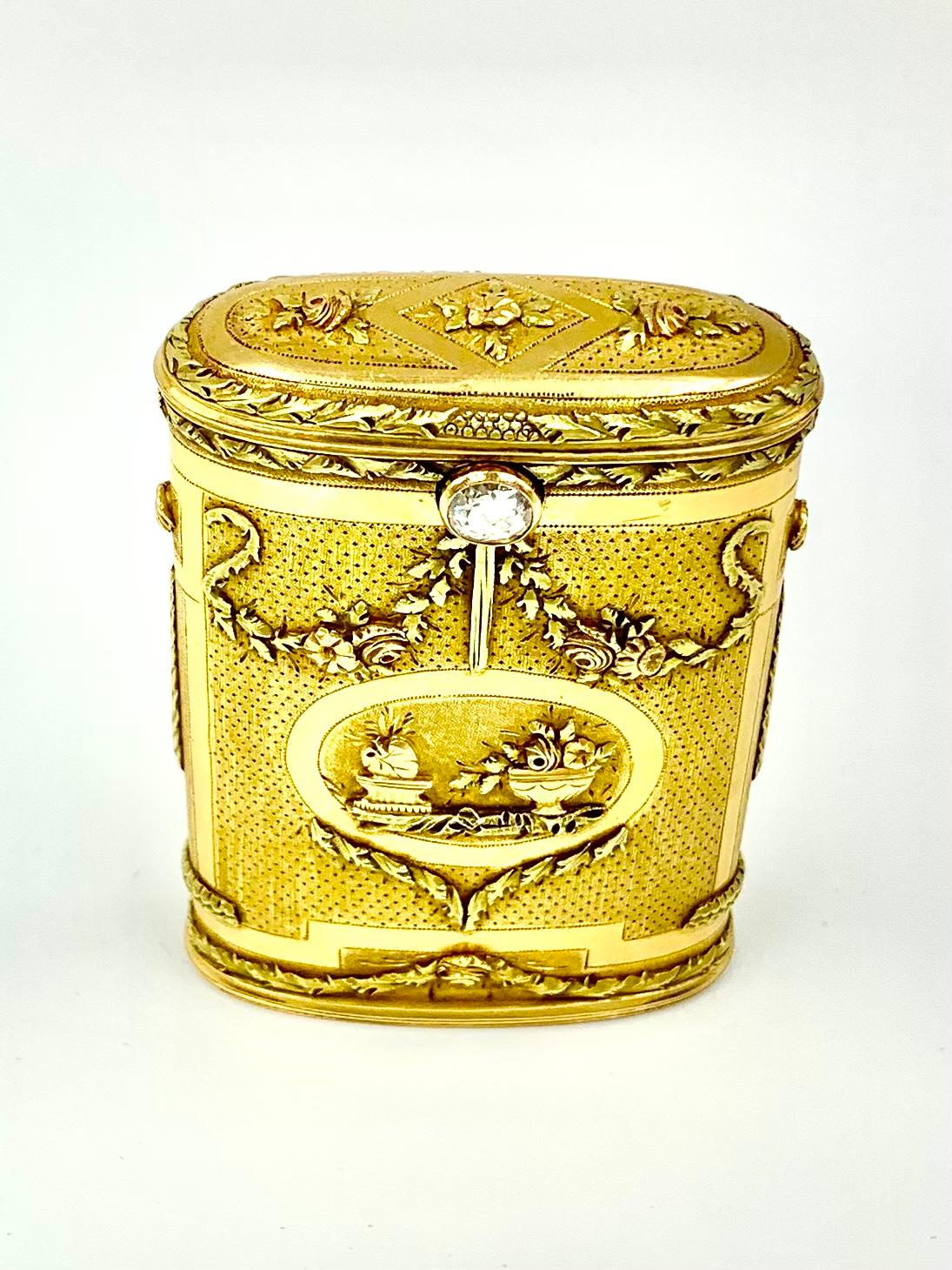 Seltene antike lateinamerikanische Dreifarbige Gold-, Diamant-Allegorie der Liebe Ovalschachtel im Angebot 8